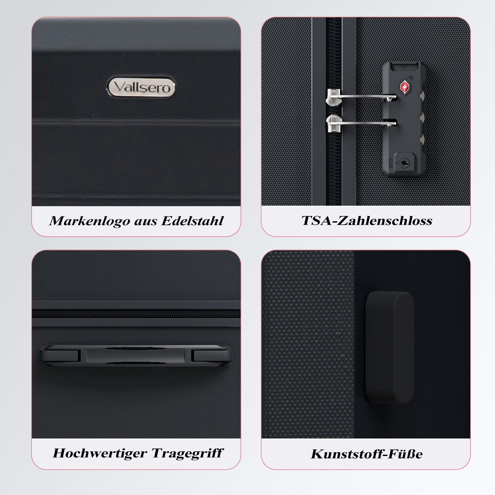 VALLSERO Trolleyset Koffer-Set( M,L,XL) Hartschalen-Koffer, Rollkoffer 5-teiliges Set, Handgepäck 4 Rollen, ABS-Material, Schwarz/Pink