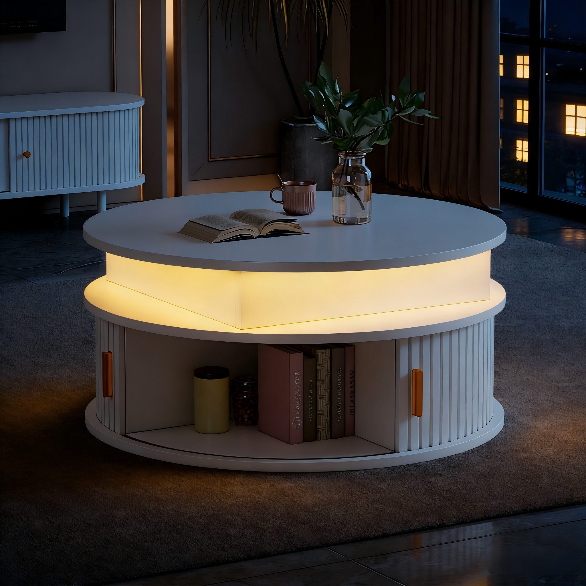 Merax Couchtisch hochglanz Sofatisch höhenverstellbar Beistelltisch mit LED-Beleuchtung (Versteckter Stauraum & Höhenverstellbare Tischplatte, 1-St), Runder Wohnzimmertisch mit 2 Rollladentüren & Stauraum, 75x75x52cm