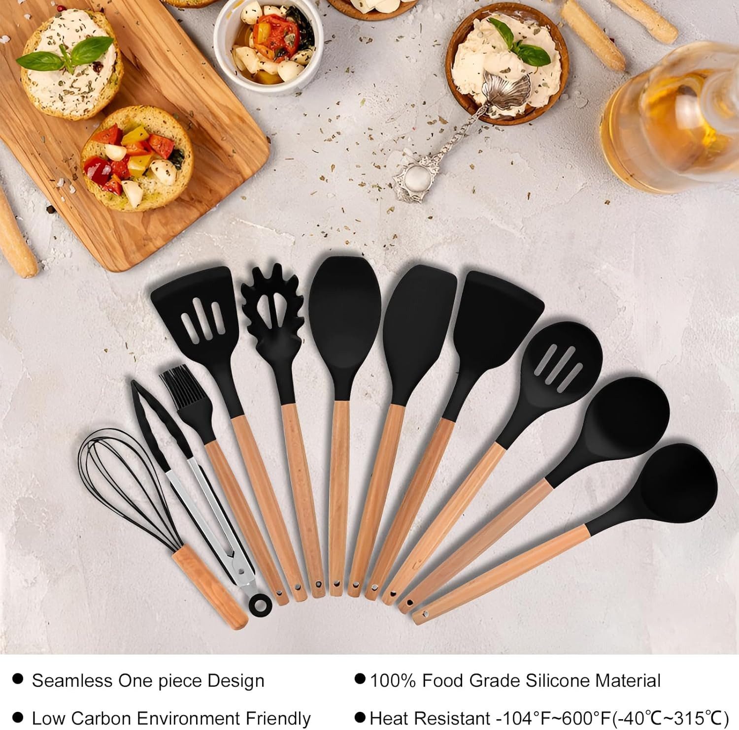 Realb2b Kochbesteck-Set Küchenutensilien Set 12 tlg Silikon Holzgriff Kochbesteck (Mehrteiliges Küchenutensilien Set 12 tlg Silikon Holz, 12-tlg., 12 tlg Küchen – Bild 4 von 5