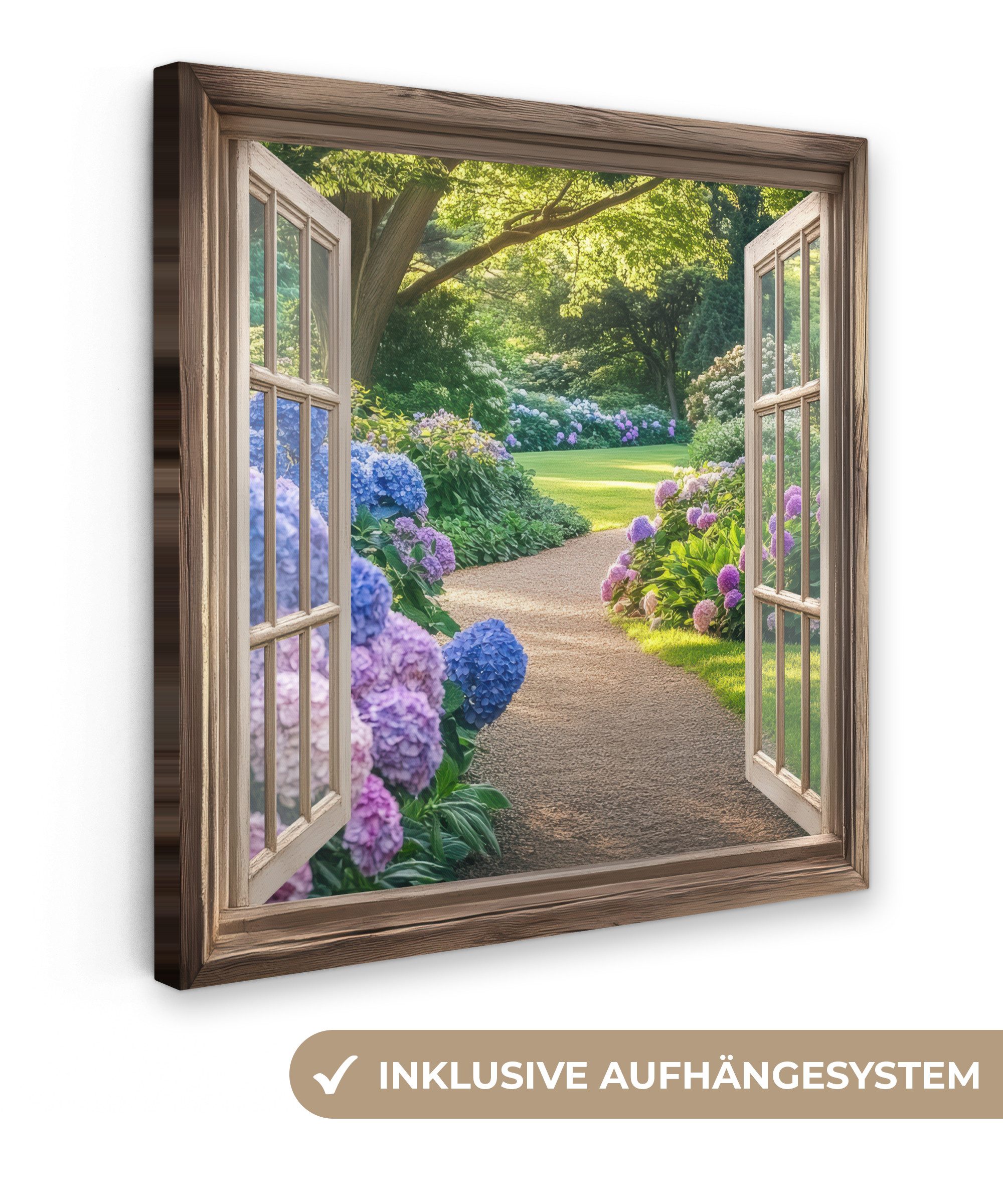 OneMillionCanvasses® Leinwandbild Aussicht - Garten - Fenster - Hortensie - günstig online kaufen