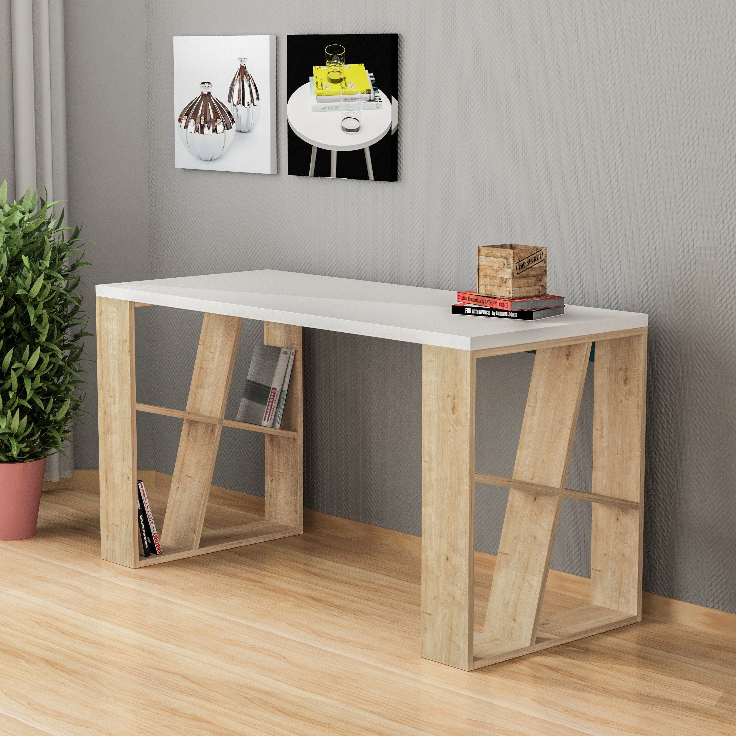 Decortie Schreibtisch Honey (1 Tisch), Moderner Schreibtischt mit Bücherregal, 137 x 60 x 75 cm weiß-eiche