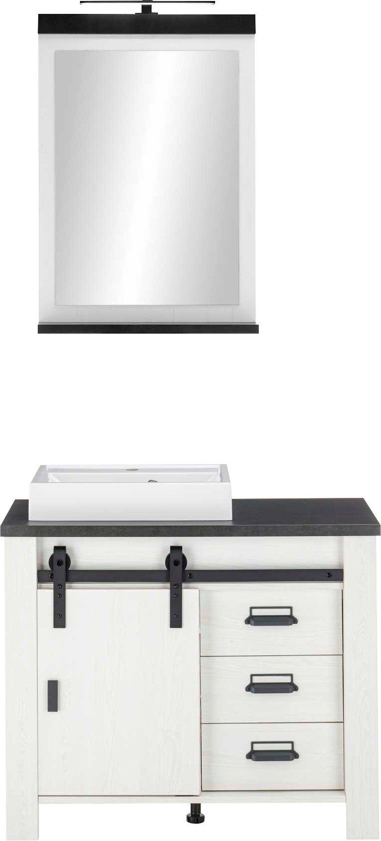 Home affaire Badmöbel-Set SHERWOOD, Bad im modernen Design, 2-teiliges Badezimmer, (2-St), in 2 Farben verfügbar, Scheunentorbeschlag & Apothekergriff aus Metall