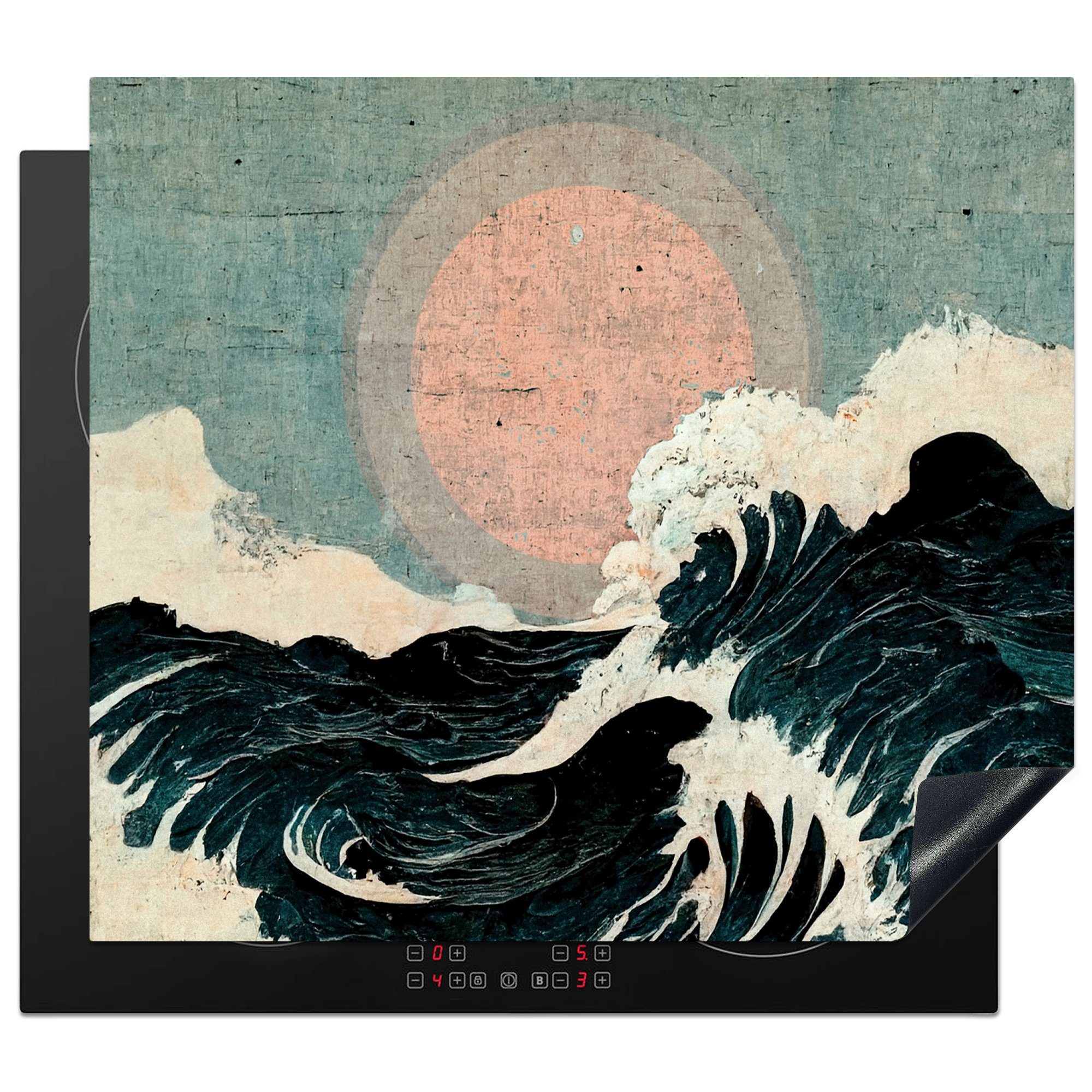 MuchoWow Herdblende-/Abdeckplatte Jahrgang - Meer - Wellen - Sonne, Vinyl, (1 tlg), 60x52 cm, Mobile Arbeitsfläche nutzbar, Ceranfeldabdeckung