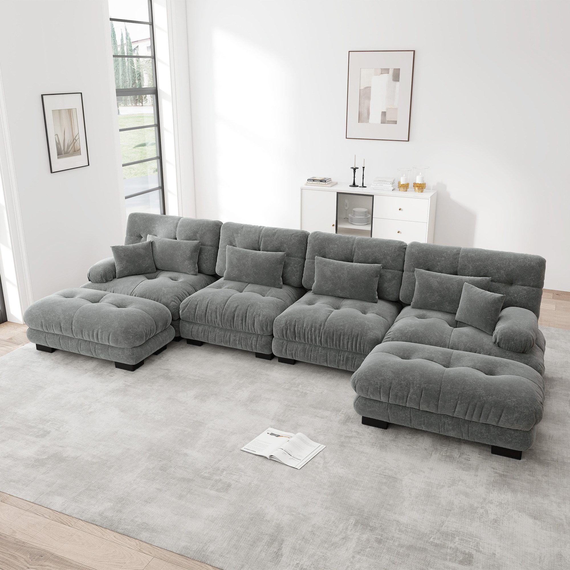 Odikalo 4-Sitzer Modulares Sofa Schlafsofa mit Tiefensitz, 4-Sitzer Modulares Ecksofa mit Tiefensitz, Chenille Schlafsofa Komfortabel Gepolstert für Wohnzimmer, Apartment, Studio, Büro, Chenille Mehrfarbig