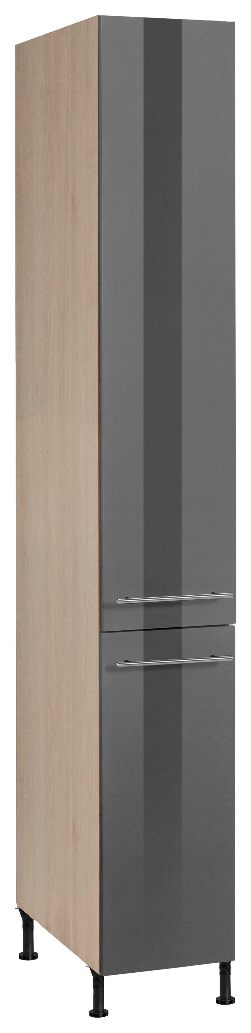 OPTIFIT Apothekerschrank Bern 30 cm breit, 212 cm hoch, mit höhenverstellbaren Stellfüßen grau Hochglanz/akaziefarben | akaziefarben