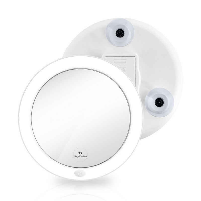EMKE Schminkspiegel LED Kosmetikspiegel mit Saugnapf 7X Vergrößerung mit Licht, Make up Schmink Spiegel Tragbarer Wandspiegel Batteriebetrieben, Weiß