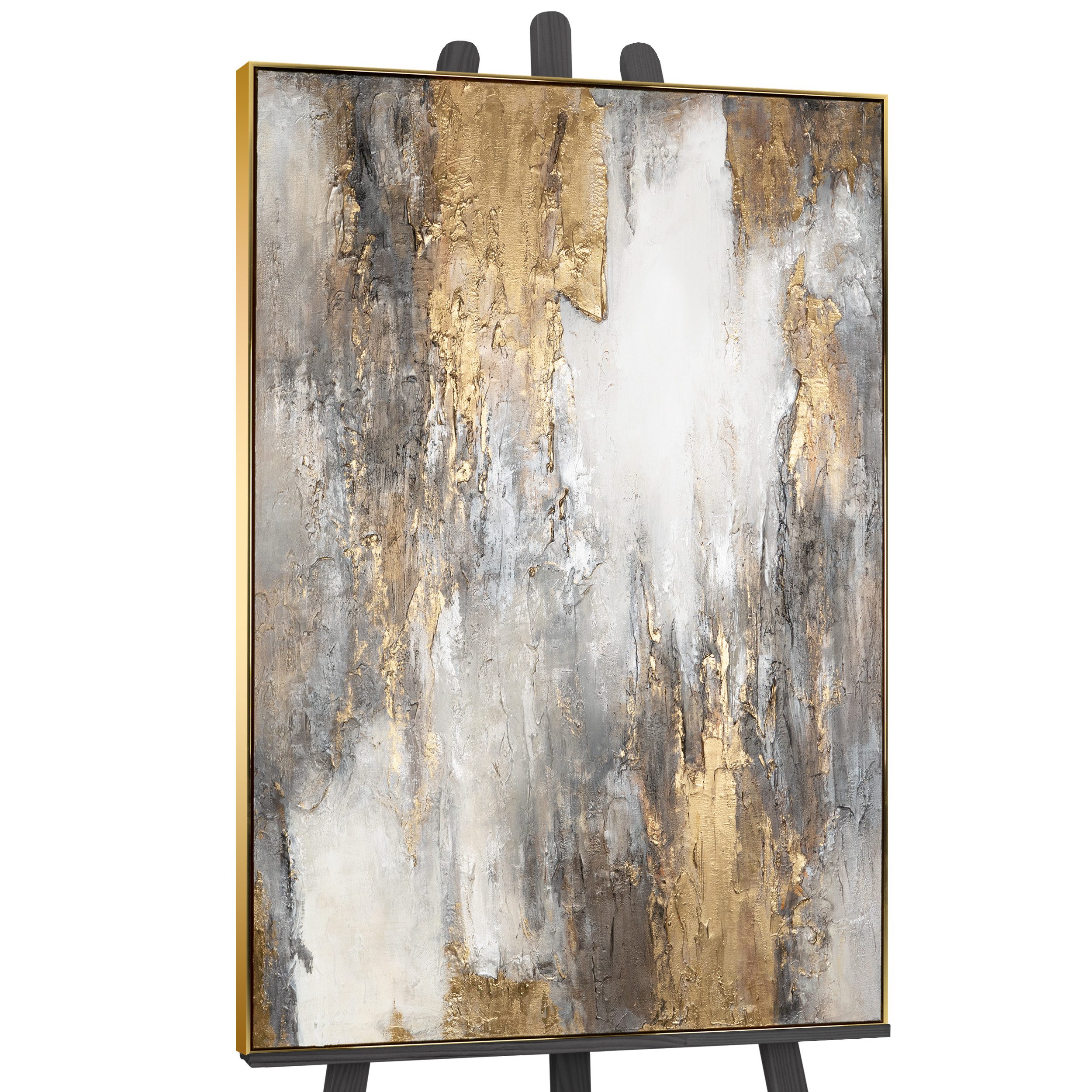 YS-Art Gemälde Sanfter Zeitfluss, Abstraktion, gerahmtes Abstraktes Leinwandbild in Gold, Weiß, Silber