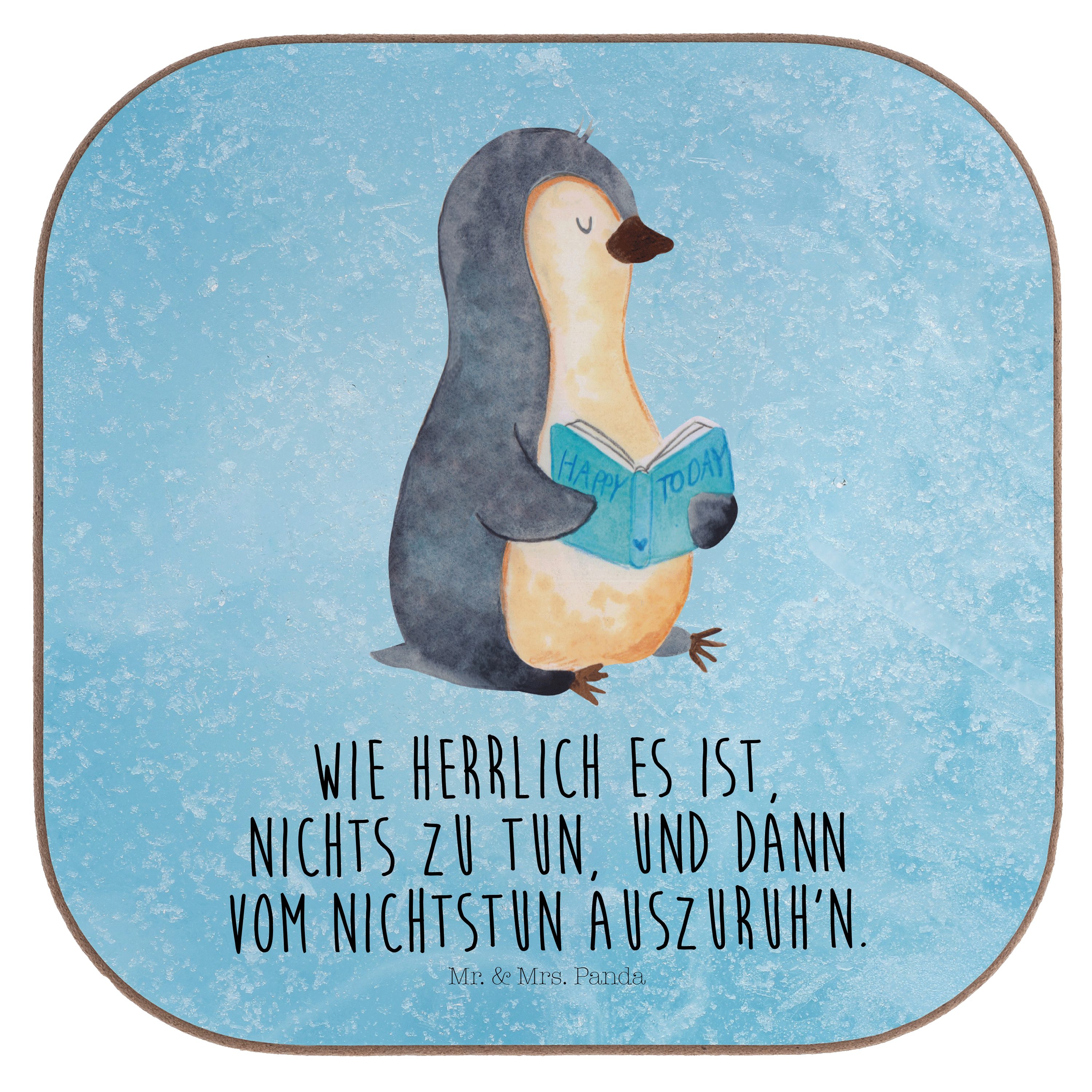 Mr. & Mrs. Panda Getränkeuntersetzer Pinguin Buch - Eisblau - Geschenk, Glasuntersetzer, Getränkeuntersetz, 1-tlg.