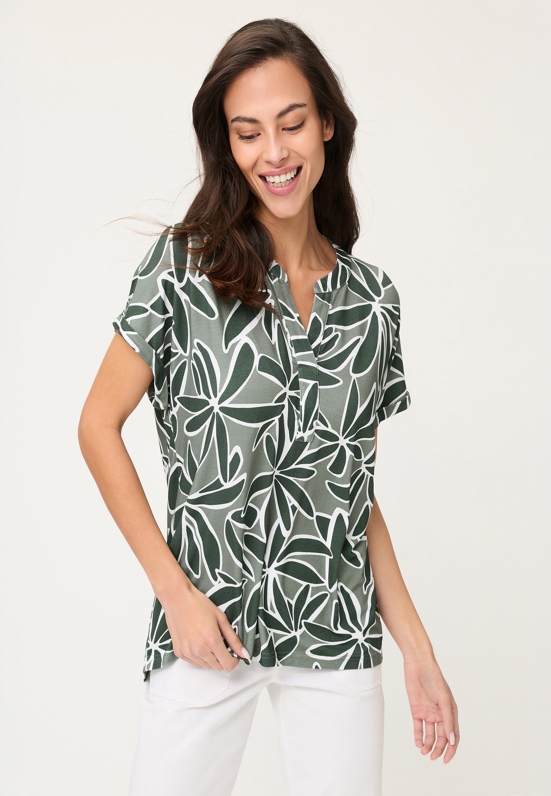 Olsen Tunikashirt Shirt mit Tunikaausschnitt und Turn-up-Ärmeln