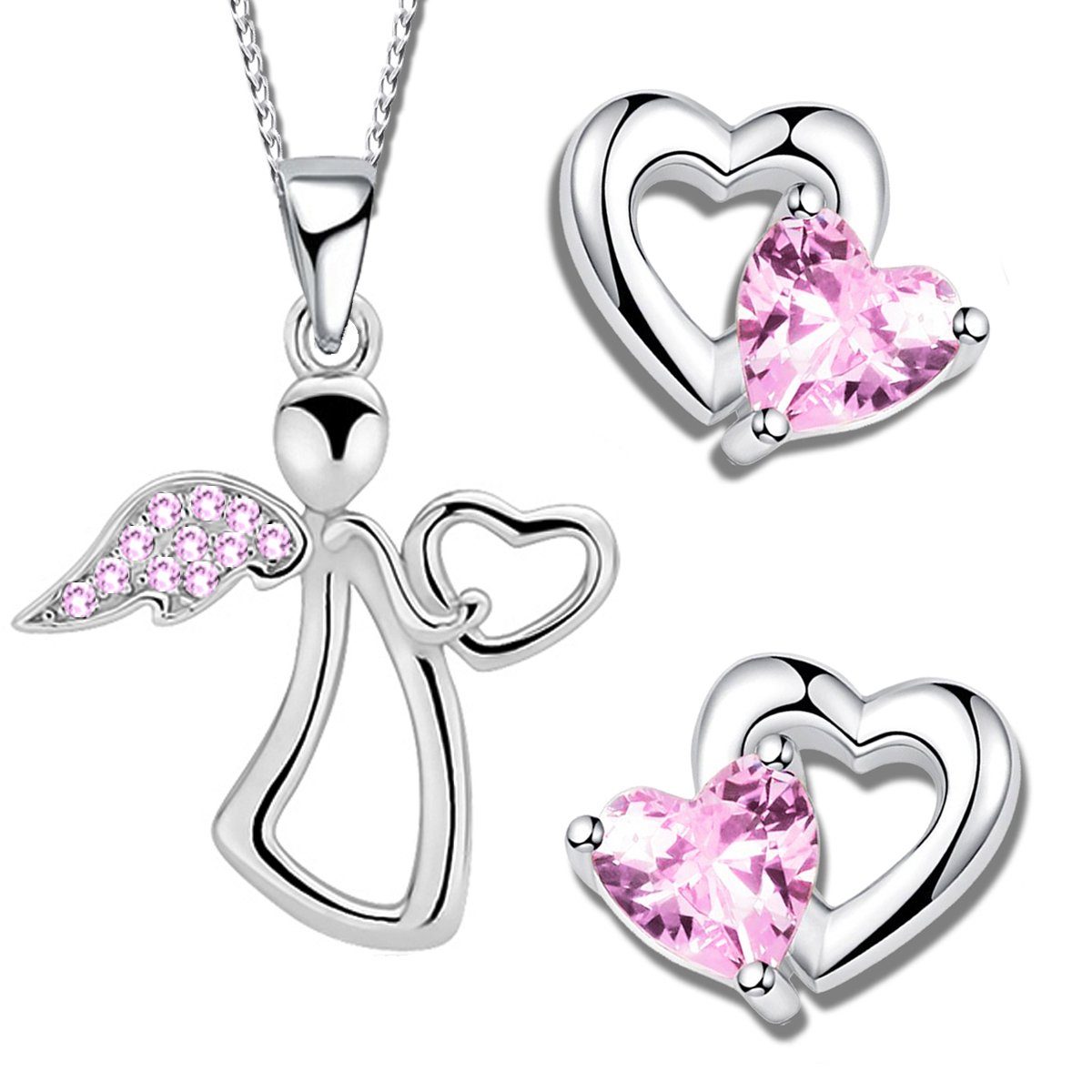 Limana Schmuckset echt 925 Sterling Silber Schutz-Engel Herz Halskette mit Ohrringe, Ohrstecker rosa Engelkette Kinderschmuck Mädchenschmuck Set