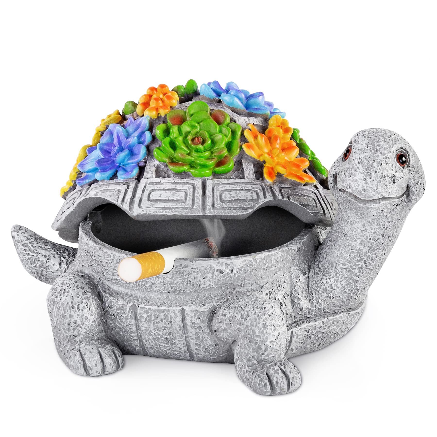 SURFOU Aschenbecher Ascher mit Deckel Schildkröte – Windgeschützter Tischascher aus Harz, Dekorativer Aschenbecher aus Resin mit Deckel, windfest und handbemalt