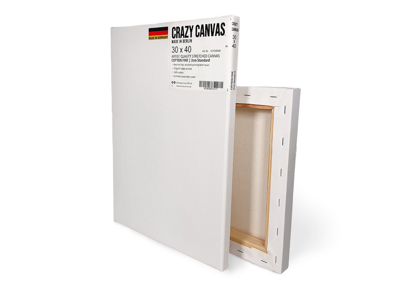 Crazy Canvas Leinwand Cotton Fine 30x30 cm, 2er Pack, sehr feine Struktur, versandfrei, dreifach grundiert, 270 g/m², sehr feine Struktur, Made in Berlin