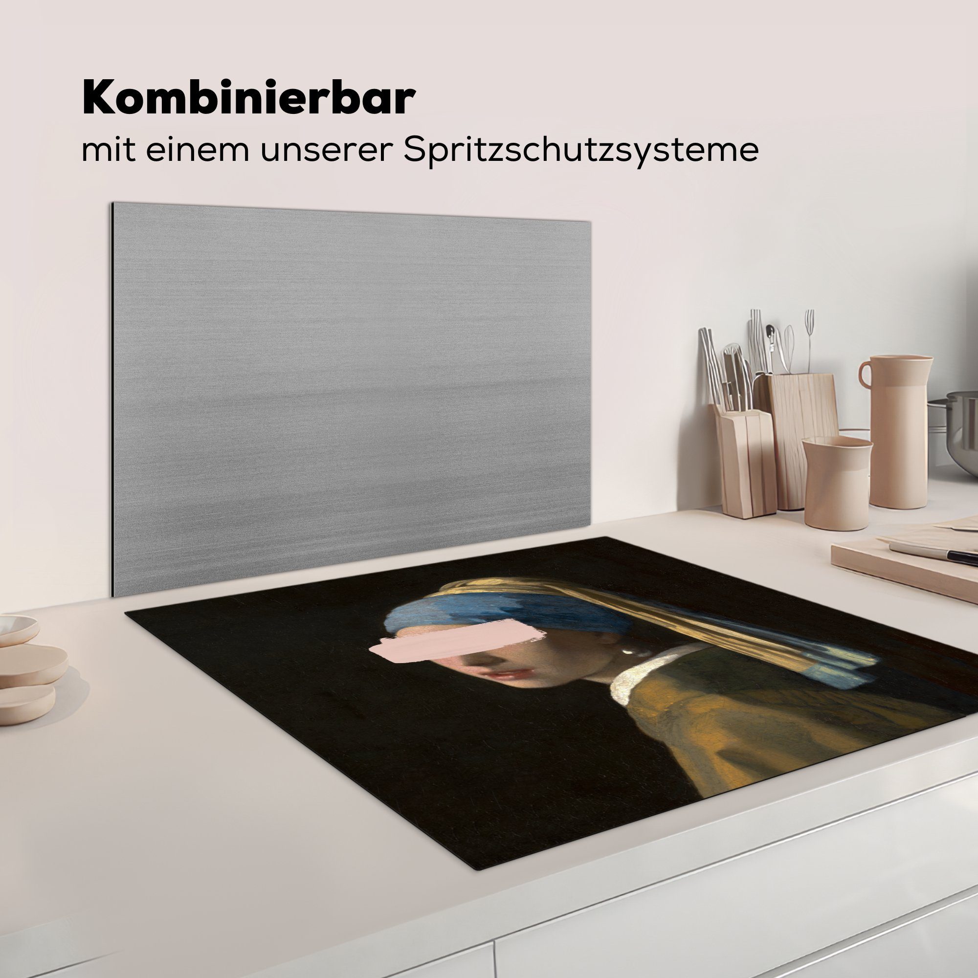 küche Vinyl, - Mädchen Perlenohrring mit MuchoWow - Herdblende-/Abdeckplatte Ceranfeldabdeckung, tlg), Kunst, für Arbeitsplatte cm, 78x78 (1 Vermeer