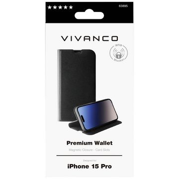 Vivanco Handyhülle Premium Wallet für iPhone 15 Pro, Spritzwasserfest, Staubdicht, Wasserabweisend, Standfunktion