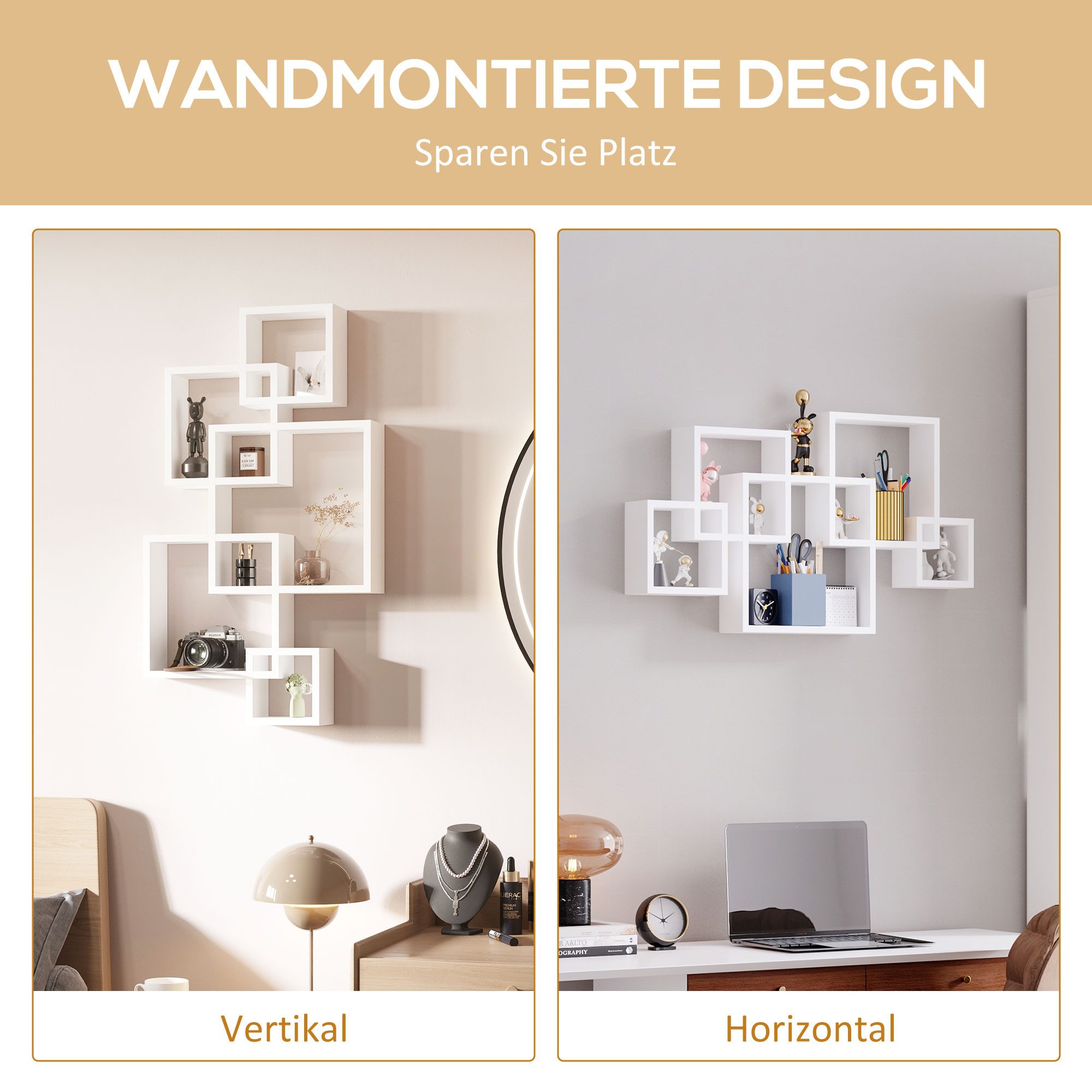 HOMCOM Wandregal Hängeregal zur Wandaufbewahrung mit 9 Fächern Wanddeko, Wandboard 1-tlg., Tannenholz, Weiß, 49.5 x 10.2 x 86 cm – Bild 4 von 5
