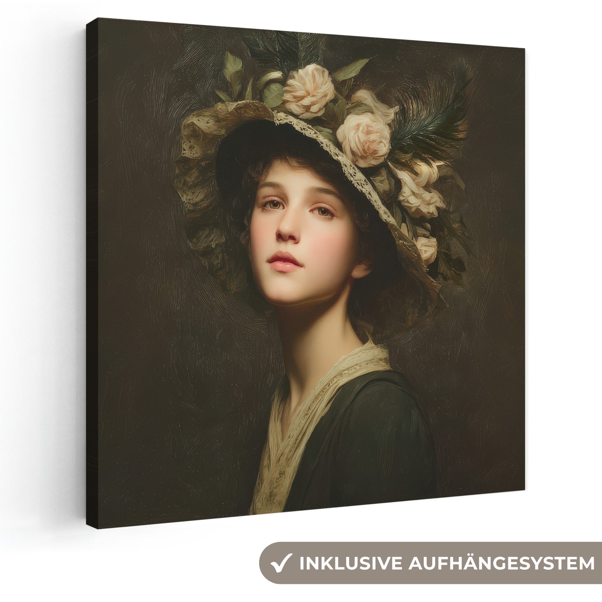 OneMillionCanvasses® Leinwandbild Blumenhut - Porträt - Frau, Fotodruck (1 St), Wandbild, Deko Schlafzimmer Wohnzimmer Flur 20x20 cm