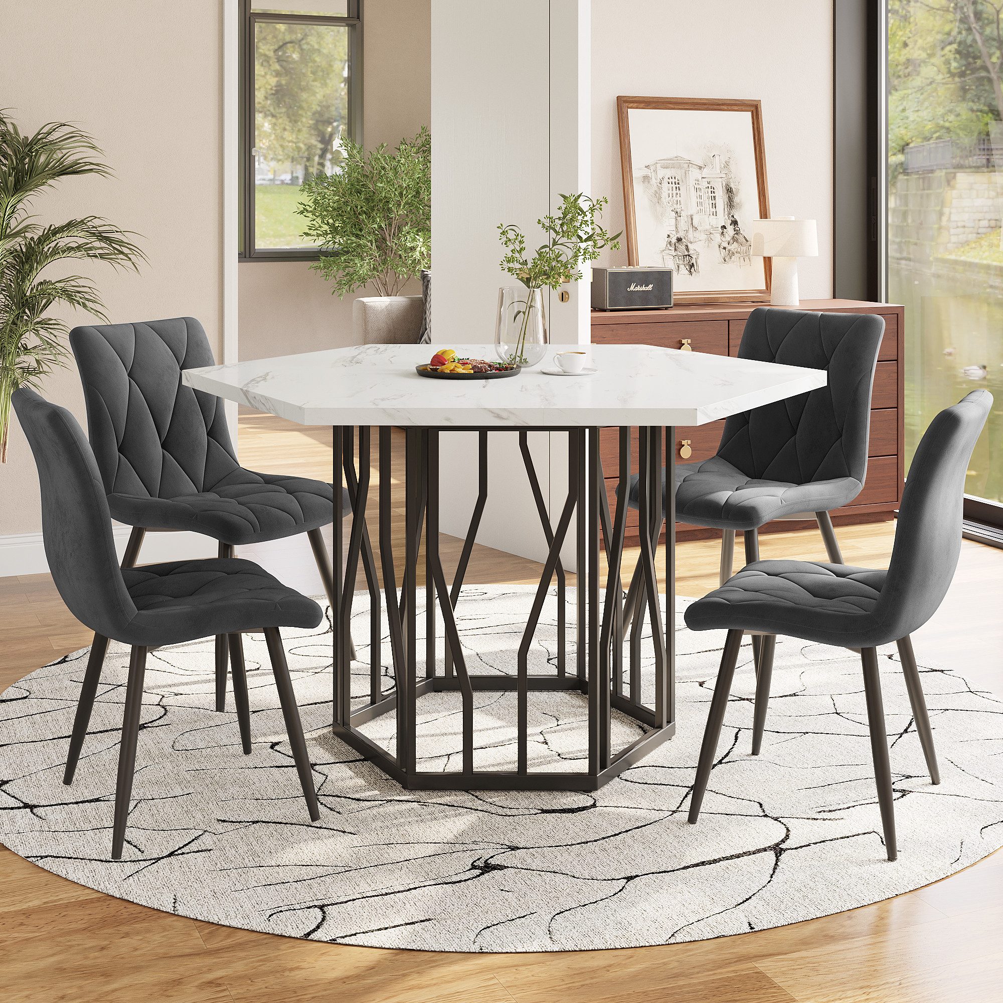 Flieks Essgruppe sechseckiger Esstisch mit 4 Stühlen Set, (Set, 5-tlg., 1 Tisch mit 4 Stühlen), Sitzgruppe Küchetisch 115,5x100x75 cm Esszimmerstuhl Samt