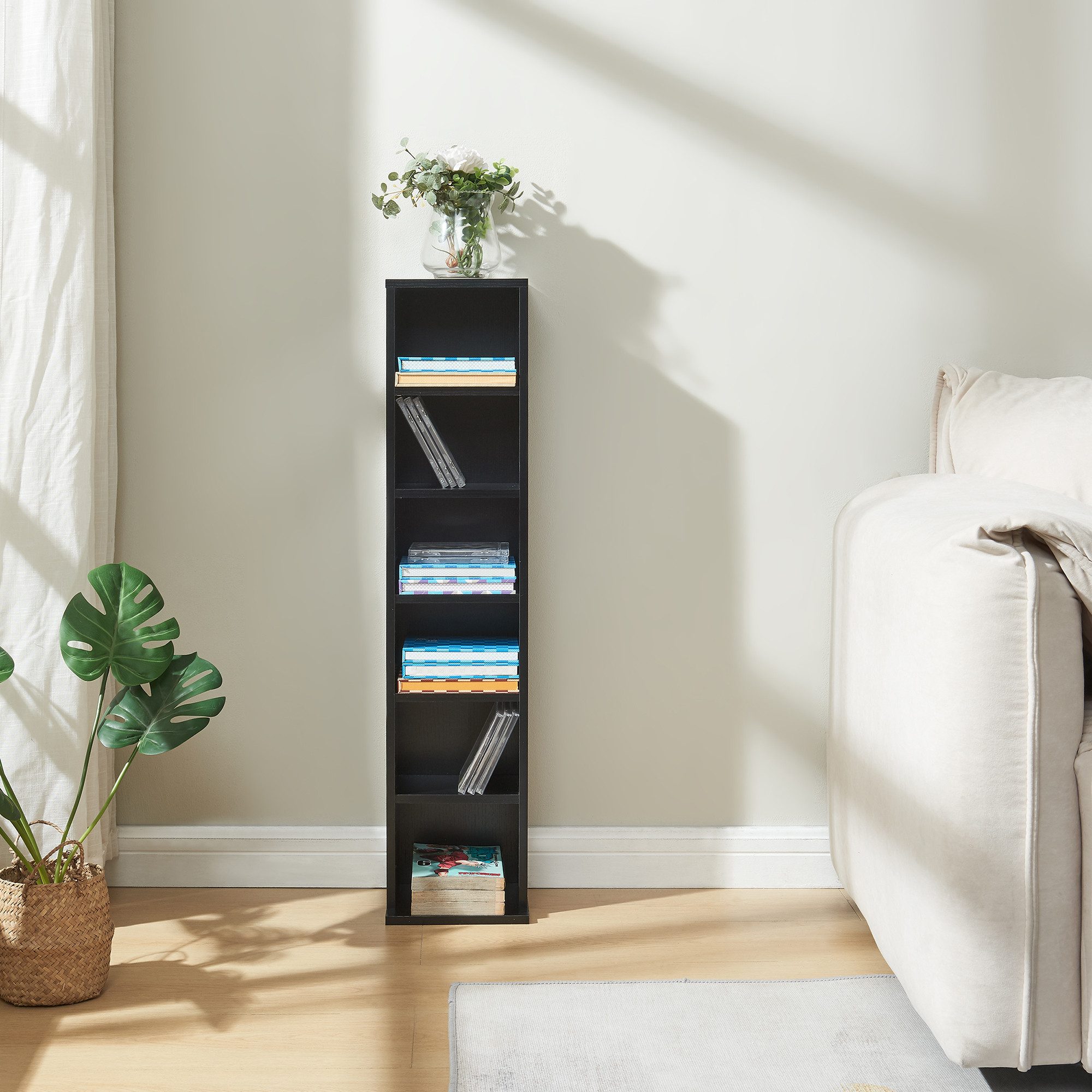 en.casa CD-Regal, »Tynset« 90x20x20 cm Standregal mit 6 Fächern Schwarz