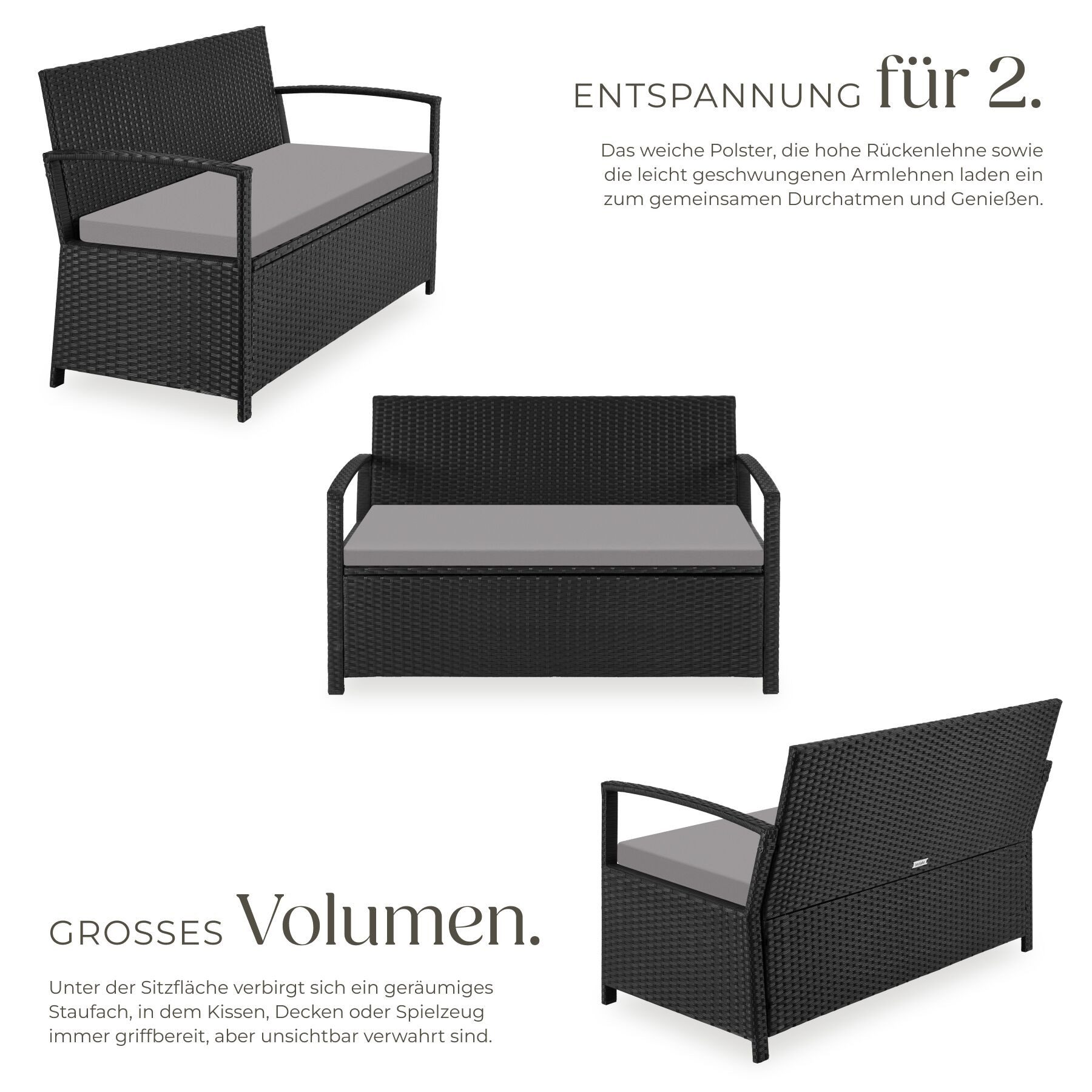 tectake Gartenbank Polyrattanbank 2-Sitzer wetterfest mit großem Stauraum 128x56x77,5cm (Balkonbank Vecchia, in Schwarz), Belastbarkeit 250 kg, Inkl. Schutzhülle und Sitzpolster