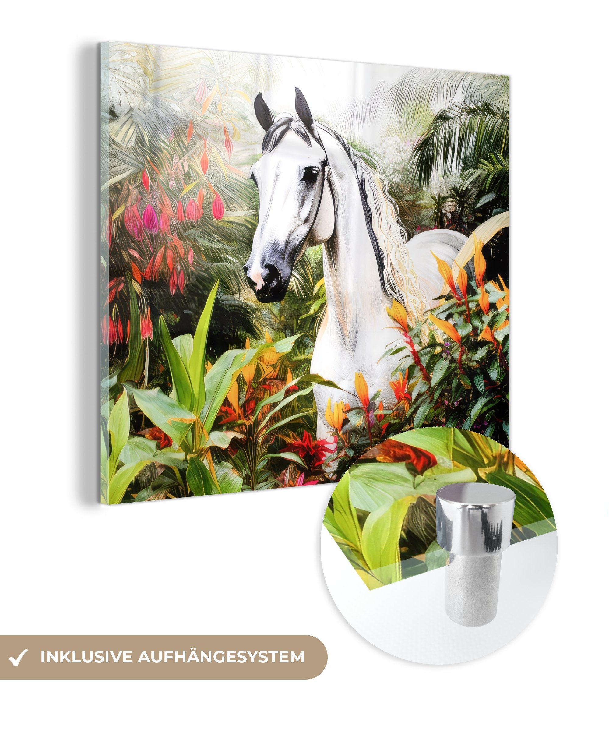 MuchoWow Acrylglasbild Pferd - Weiß - Wald - Blumen - Pflanzen, (1 St), Glasbilder - Bilder auf Glas Wandbild - Foto auf Glas - Wanddekoration