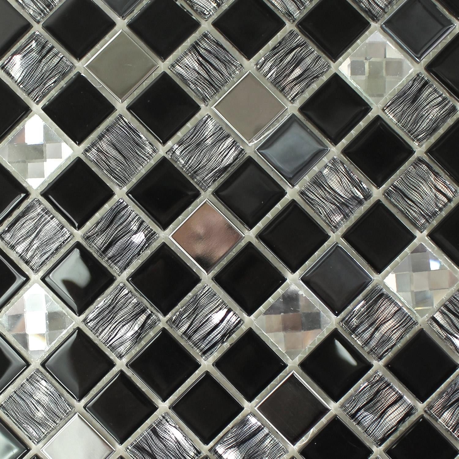 Mosafil Mosaikfliesen Glas Edelstahl Mosaikfliesen Amasya Selbstklebend, Glas-Metall-Edelstahl 30.000x30.000, schwarz-grau-silber