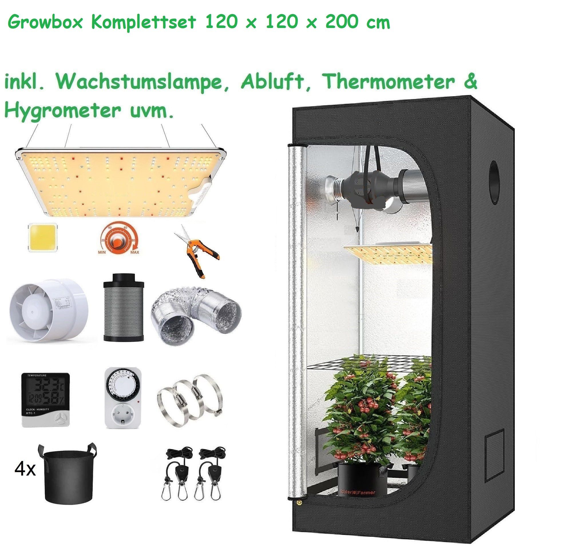 JUNG Gewächshaus Growbox Komplettset Anzuchtset, Zuchtzelt LED Growlampe Anbau Pflanzen, BxTxH: 120 x 120 x 200,00 cm, BxLxH: 120,00 x 200,00 x 200 cm, Growbox, Gewächshaus Komplett Set mit Abluft Cannabis Set Box Pflanze 1-St., Growzelt, Grow Box Zelt, Pflanzenlampe Pflanzen Anbau Zelt, Anzuchtset, mit Belüftung Gewächszelt Starterpaket sofort einsatzbereit Anzucht