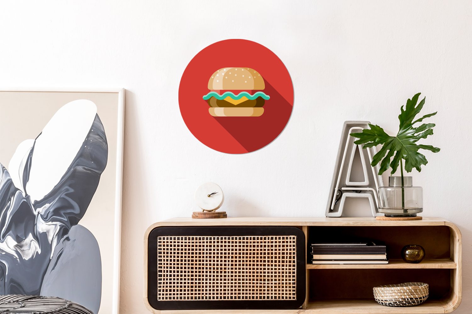 Hamburgers (1 Tapetenaufkleber, Tapetenkreis roten Rund, Piktogramm Hintergrund einem Wohnzimmer für Wandsticker MuchoWow Kinderzimmer, vor St), eines