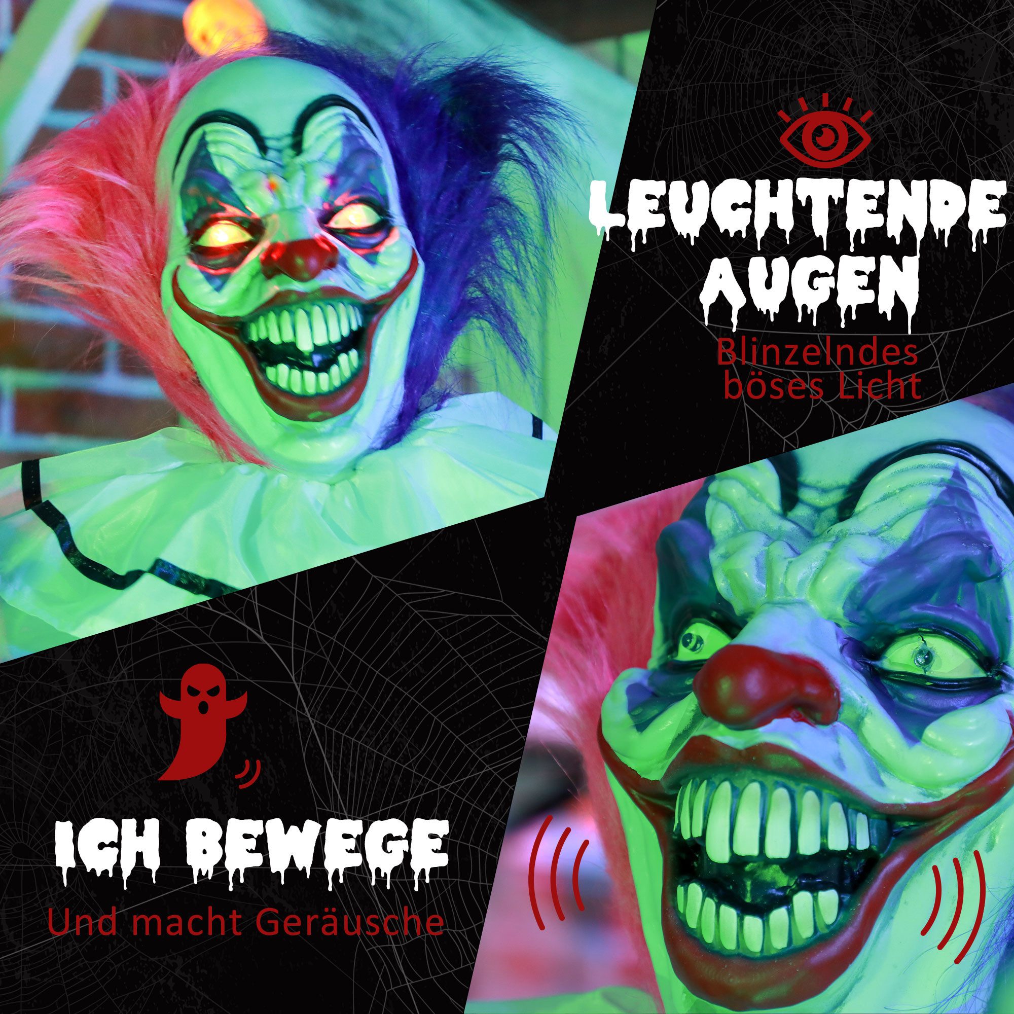 HOMCOM Dekofigur Haustür Deko 173 cm mit LED, Sound, Garten für Party (Grusel-Clown Halloween-Dekoration, 1 St., Lach-Funktion), mehrfarbig – Bild 5 von 5