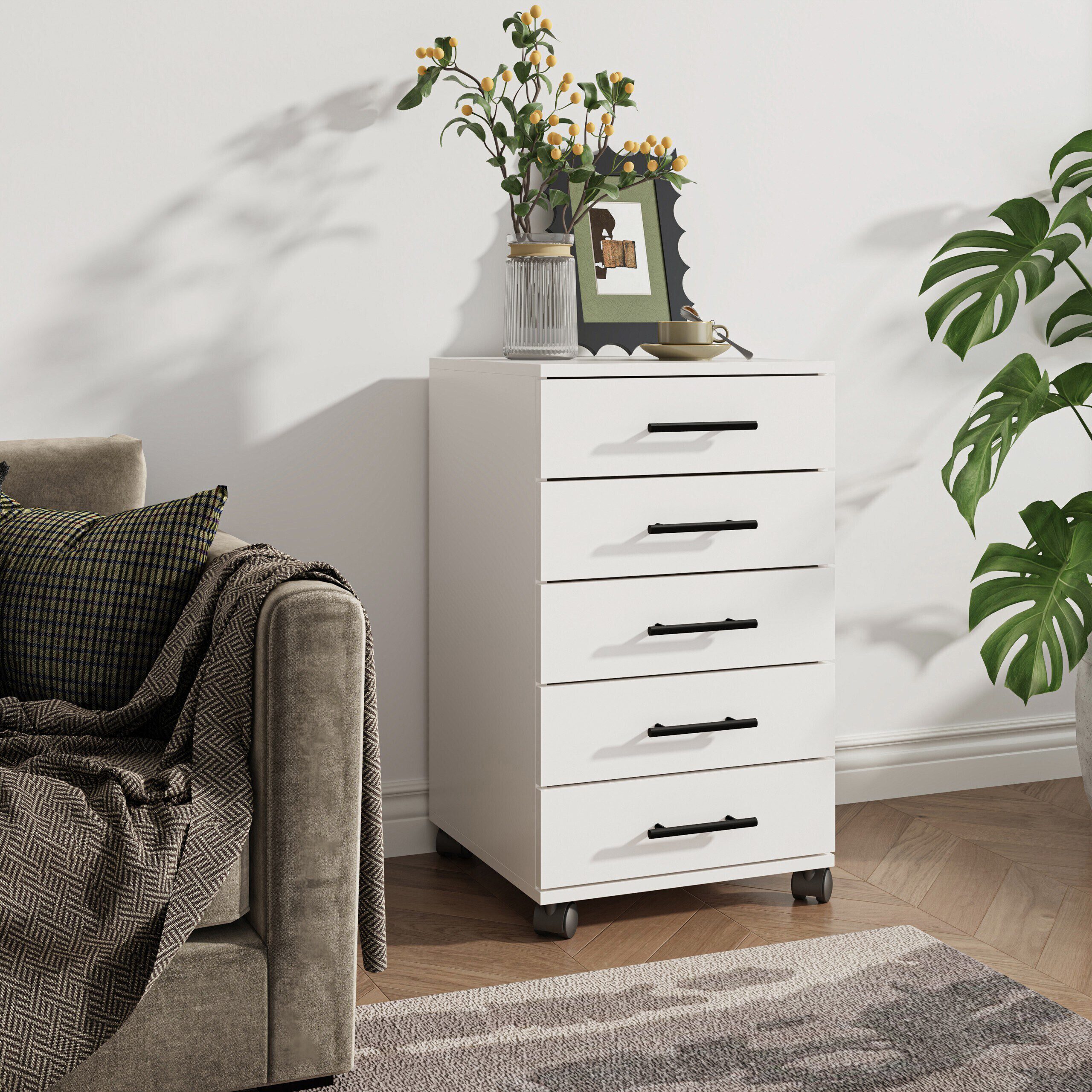 relaxdays Rollcontainer mit 5 Schublade, weiß