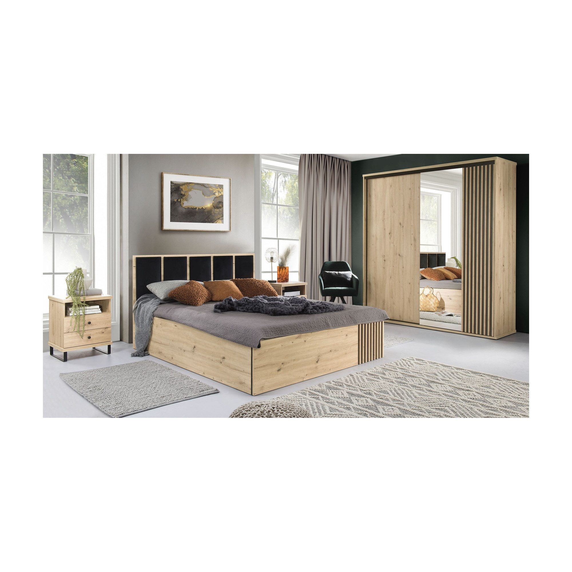 Raumhirsch Furniture Kleiderschrank Garderobenschrank, Schrank mit Spiegel, Drehtürenschrank (Maße: 100 x 60 x 213 cm (Loft-Design, Lamellenfront) 2 Schubladen, Artisan-Eiche Optik, Metallgriffe, ABS-Kanten