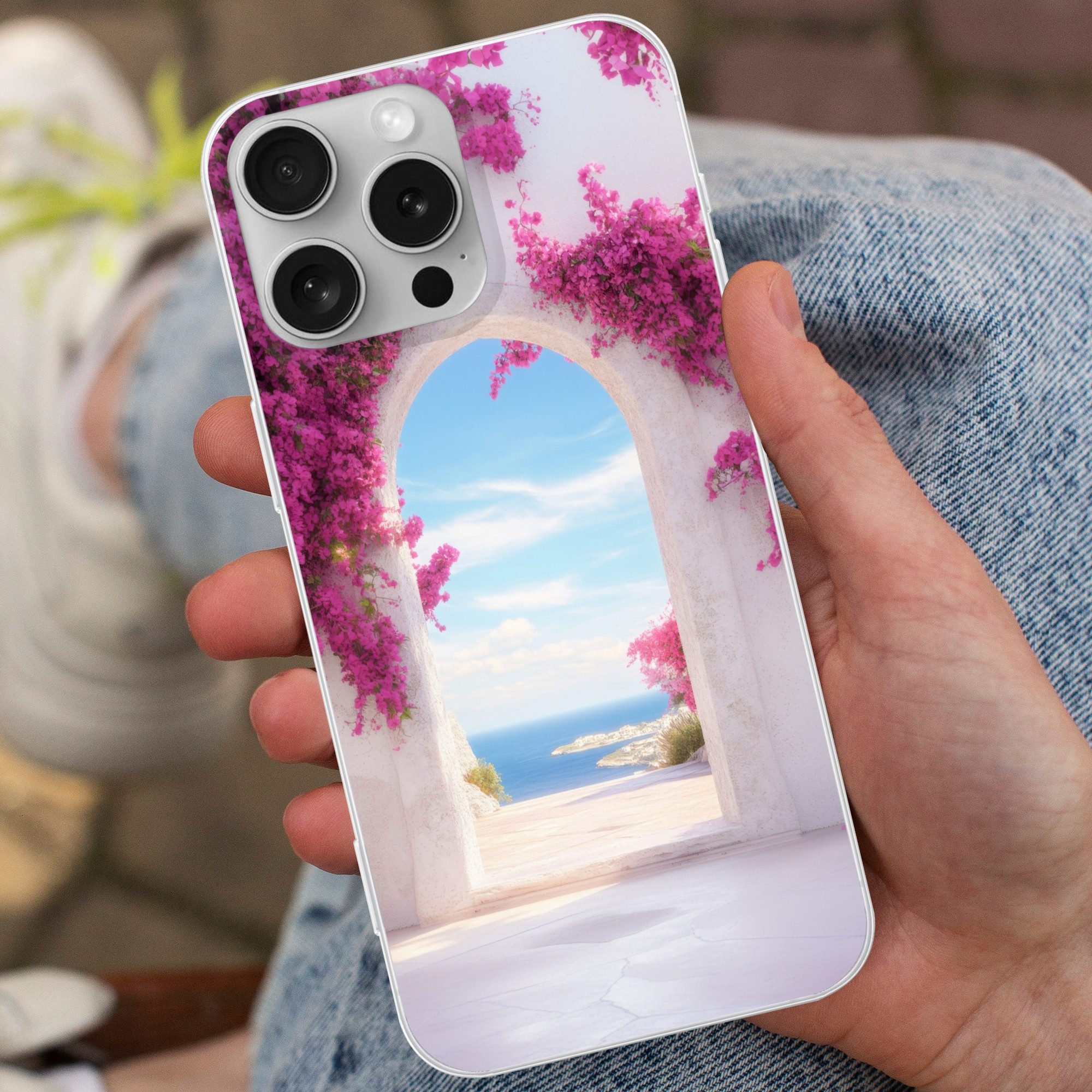 MuchoWow Handyhülle für Apple iPhone 16 Pro Max Meer - Rosa - Blumen - Tor, Smartphone-Bumper, Print, Handy Schutzhülle Dünn