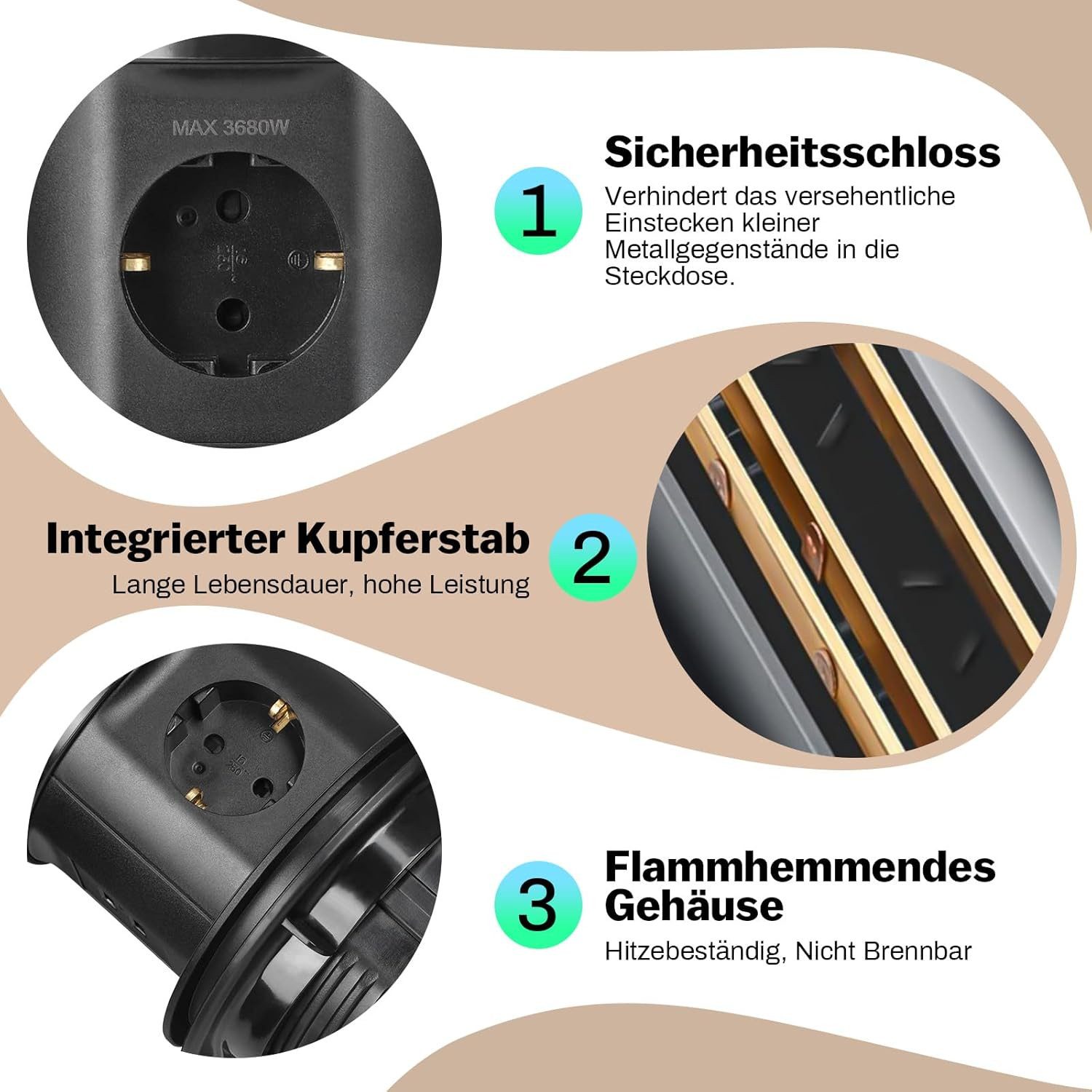 XERSEK 3 Fach + 2 USB Einbausteckdose Steckerleiste Wireless Charger Qi Einbau-Tischsteckdose (Ladegerät 3680W Versenkbare Mehrfachsteckdose, Kabellänge 1.8 m), Steckdosenleiste mit 1.8M Kabel,3680W/16A, D 120MM