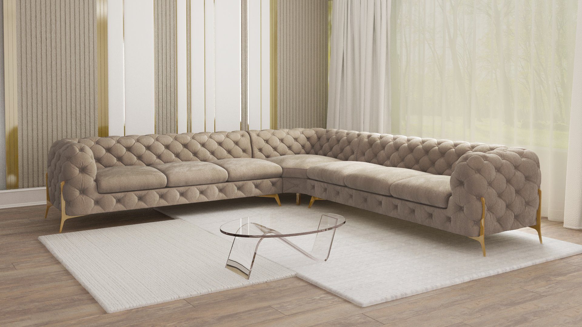 S-Style Möbel Ecksofa Chesterfield Ashley mit Goldene Metall Füßen, mit Wellenfederung Dunkle Creme