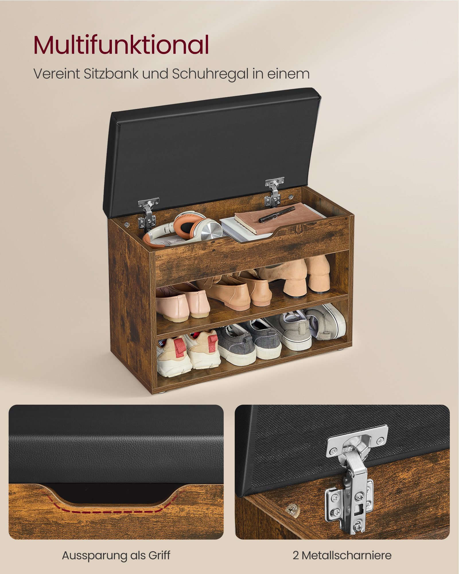 VASAGLE Schuhbank Sitzbank mit gepolstertem Kissen, Schuhregal mit 3 Ebenen, platzsparend, vielseitig einsetzbar, für Flur, Wohnzimmer – Bild 3 von 5