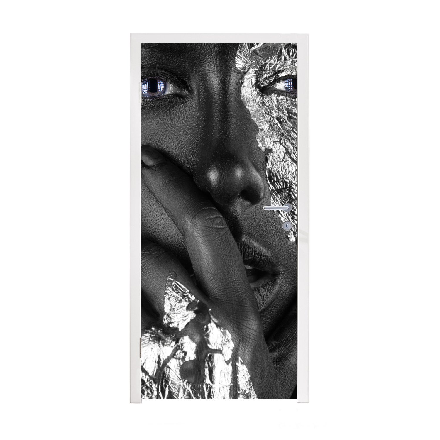 MuchoWow Türtapete Weiblich - Silber - Schwarz - Blau, Matt, bedruckt, (1 St), Fototapete für Tür, Türaufkleber, 75x205 cm