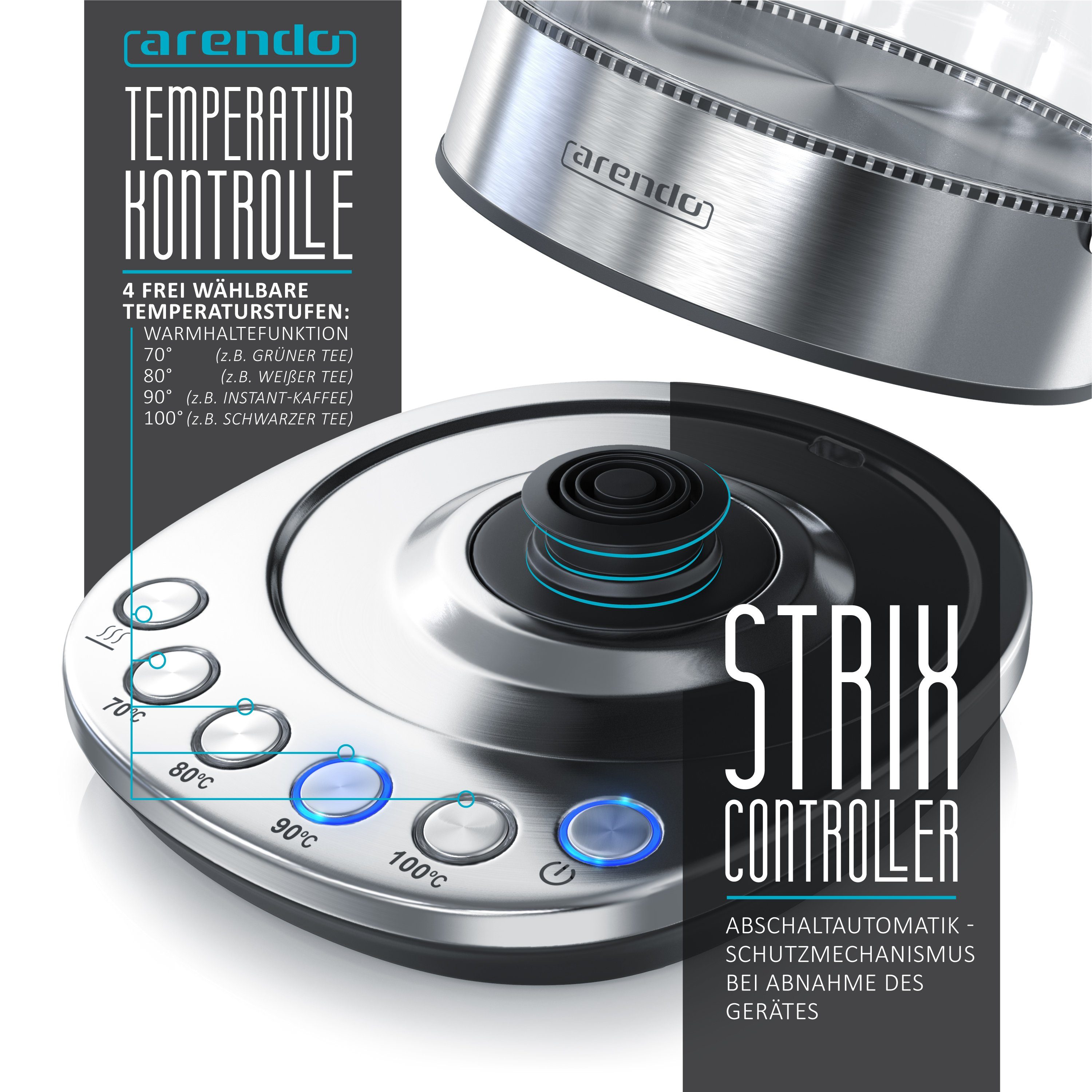 Arendo Wasserkocher aus Glas & Edelstahl, mit Temperatureinstellung, Basisstation, 1,5 l, 2200 W, Temperatureinstellung 70° - 100° C, Warmhaltefunktion, Borosilikatglas