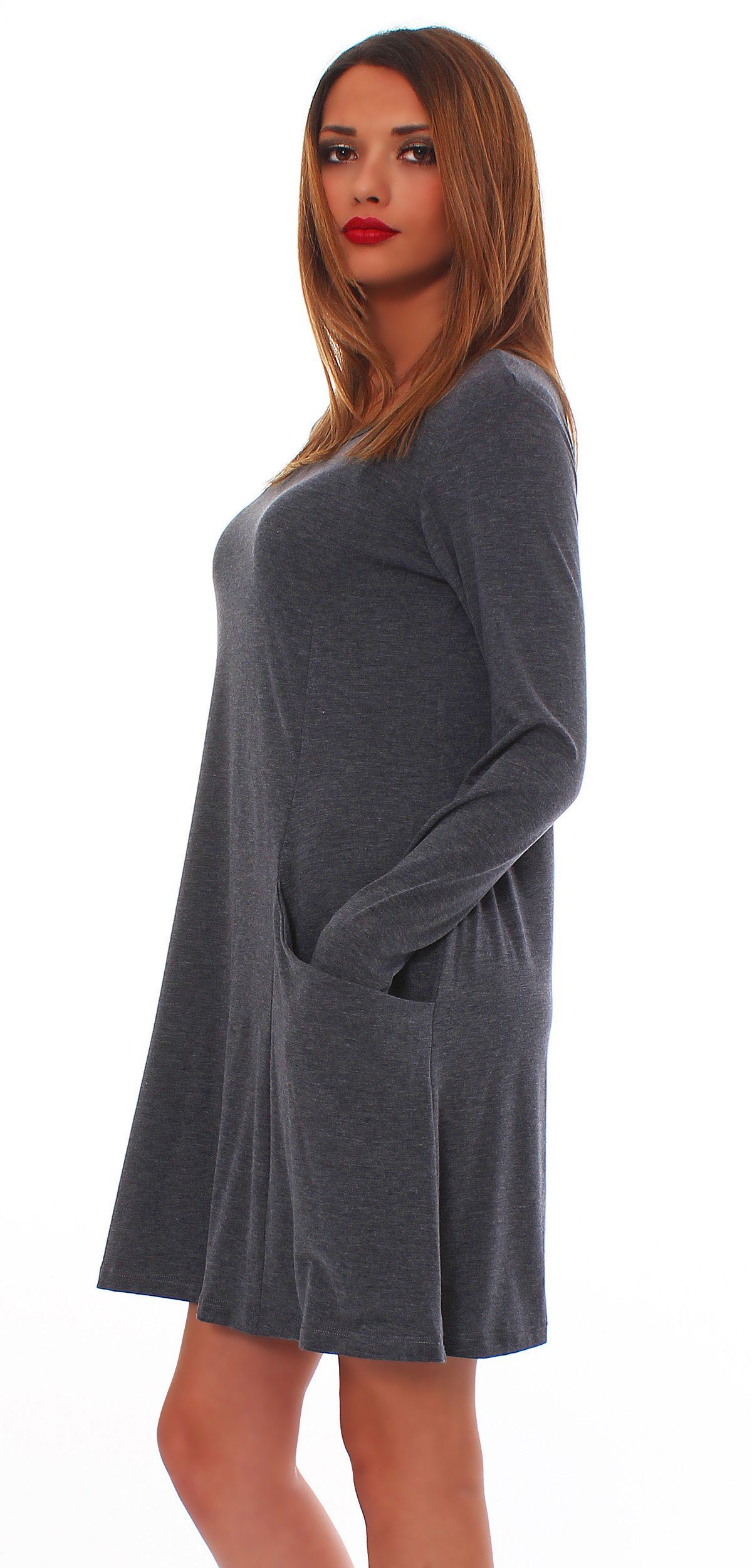 Taschen Longshirt Pulli mit Tunika 6514 Graphit_Lang Minikleid Tunika Mississhop Kleid A-Linien-Kleid
