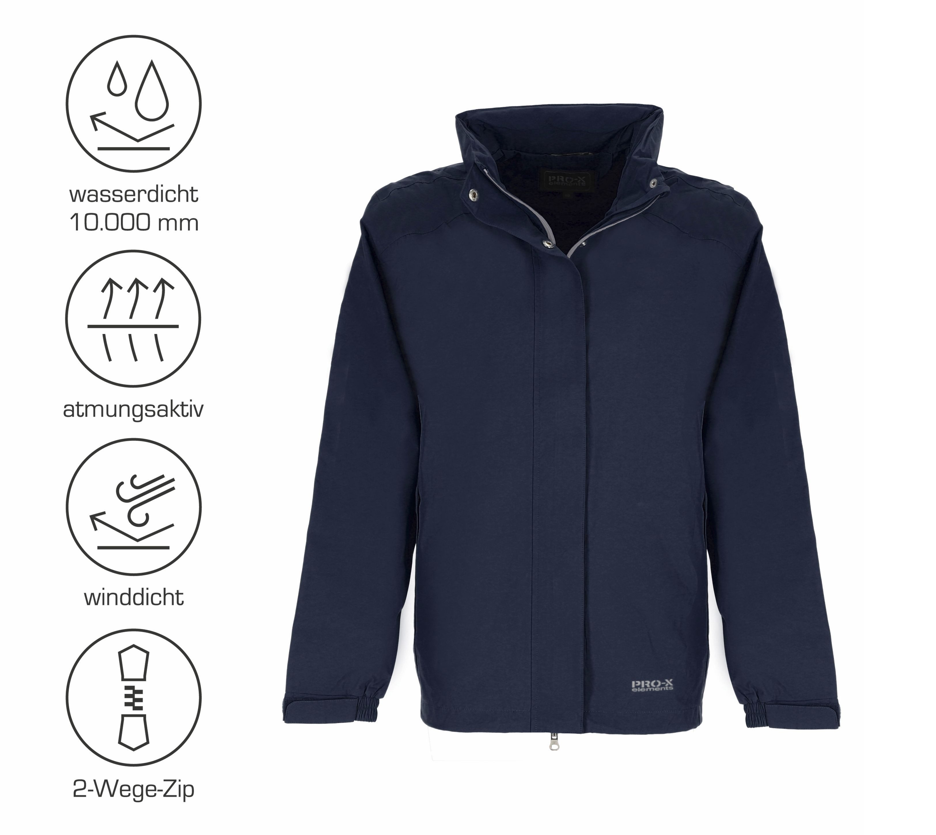 PRO-X ELEMENTS Funktionsjacke CARRIE wasserdicht, atmungsaktiv, im Packsack verstaubar, große Größen Wasserdicht Atmungsaktiv Leicht Im Packsack verstaubar Große Größen