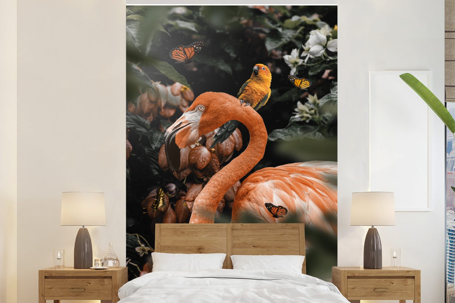 (3 Dschungel Vinyl Tapete Wohnzimmer, St), - bedruckt, Schmetterling, Wandtapete Matt, MuchoWow für Fototapete Flamingo - Papagei - Montagefertig