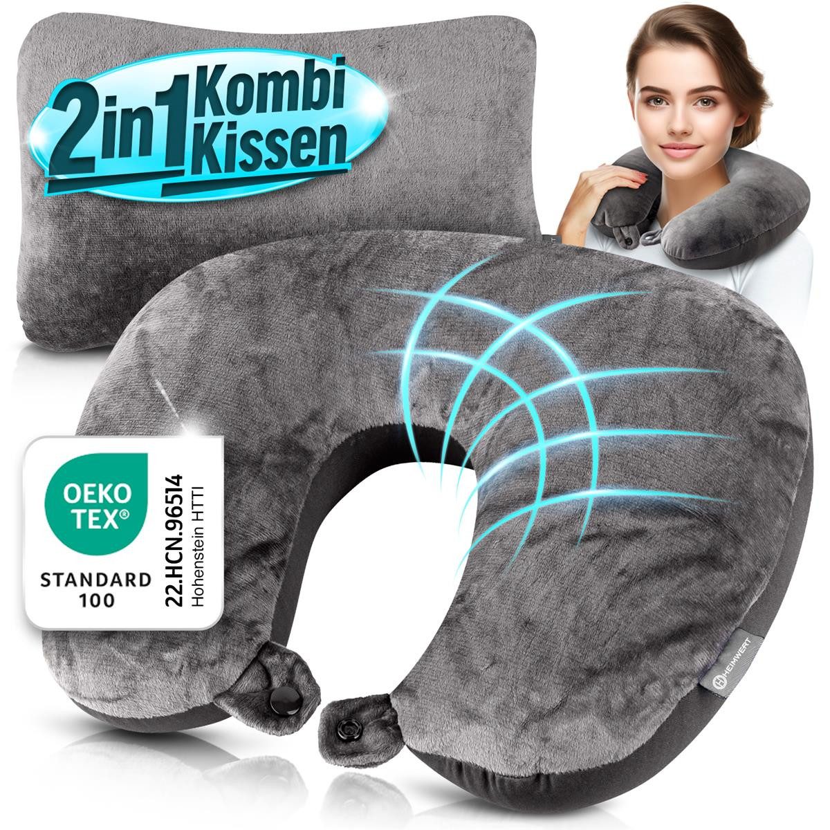 HEIMWERT Reisekissen Nackenkissen Reisekissen Stützkissen, 31x21 cm, 1-tlg., STETS AUSGERUHT Ihr REISEZIEL ERREICHEN, Nackenhörnchen und Kissen in Einem (2in1)