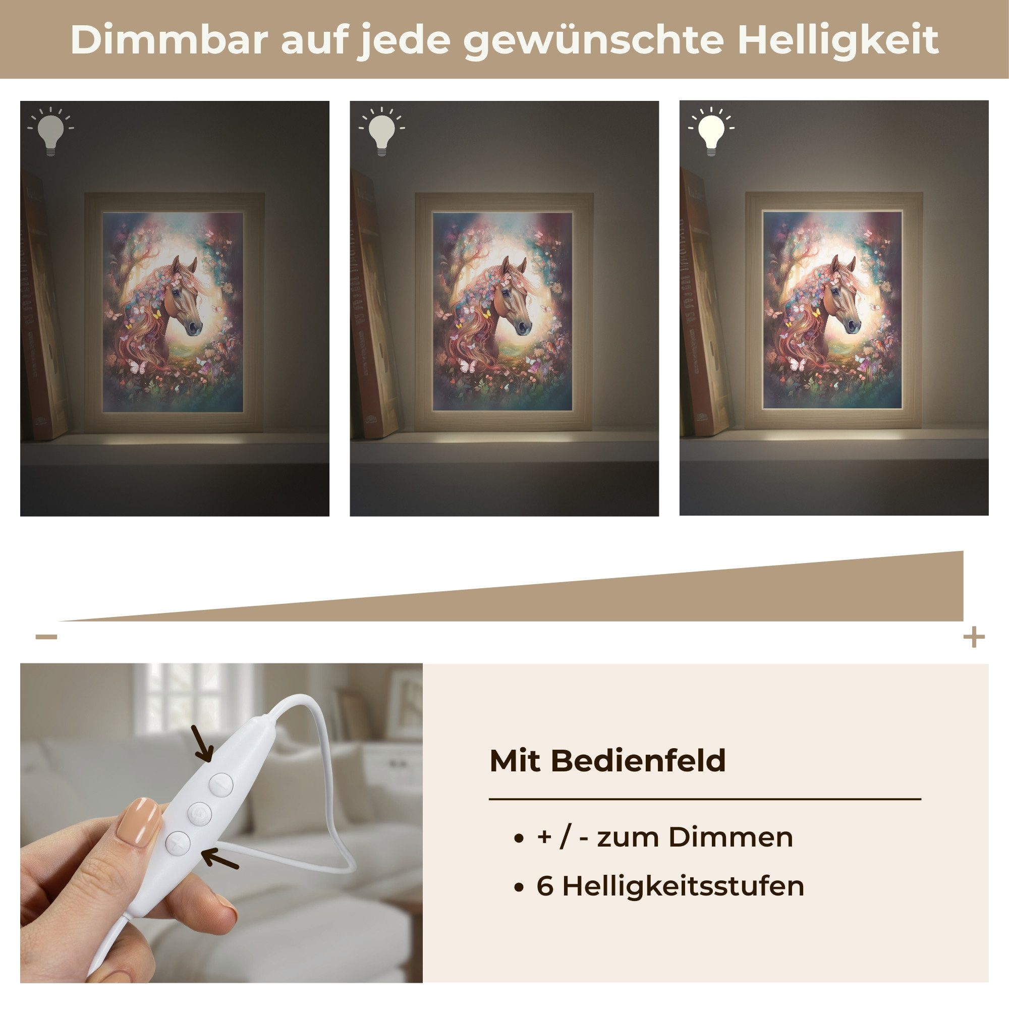 OnlyWow Wandleuchte Lightbox Pferd - Natur - Blumen - Schmetterlinge - Wald - Mädchen, Dimmbar, Farbwechsel, LED, Warmweiß, Kaltweiß, Neutralweiß Einstellbar, Wandlampe Innen, Dimmbar, mit Kabel, LED, Beleuchtung, Kinderzimmer