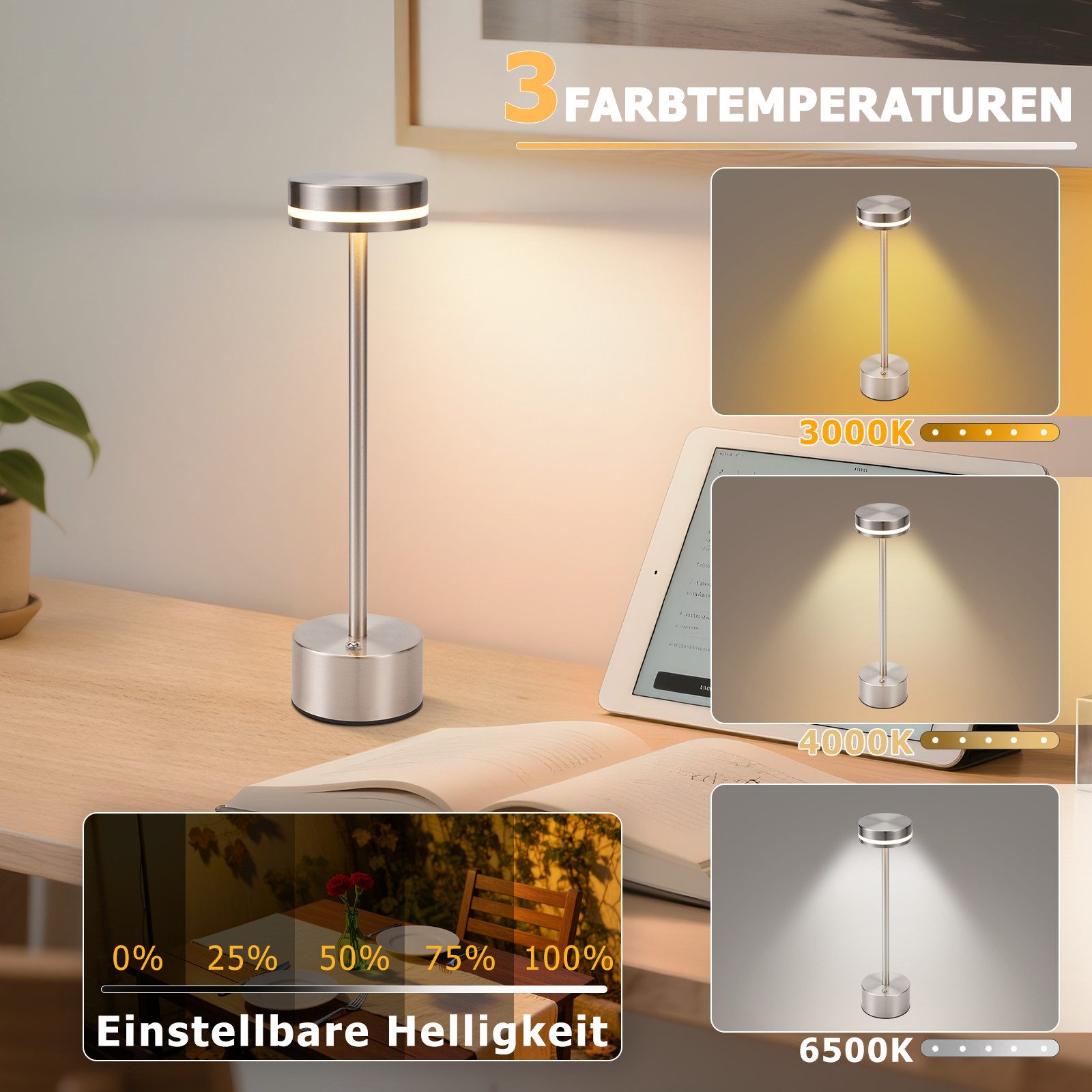 ZMH Tischleuchte Tischlampe Kabellos LED Nachttischlampe Akku Dimmbare, LED günstig online kaufen