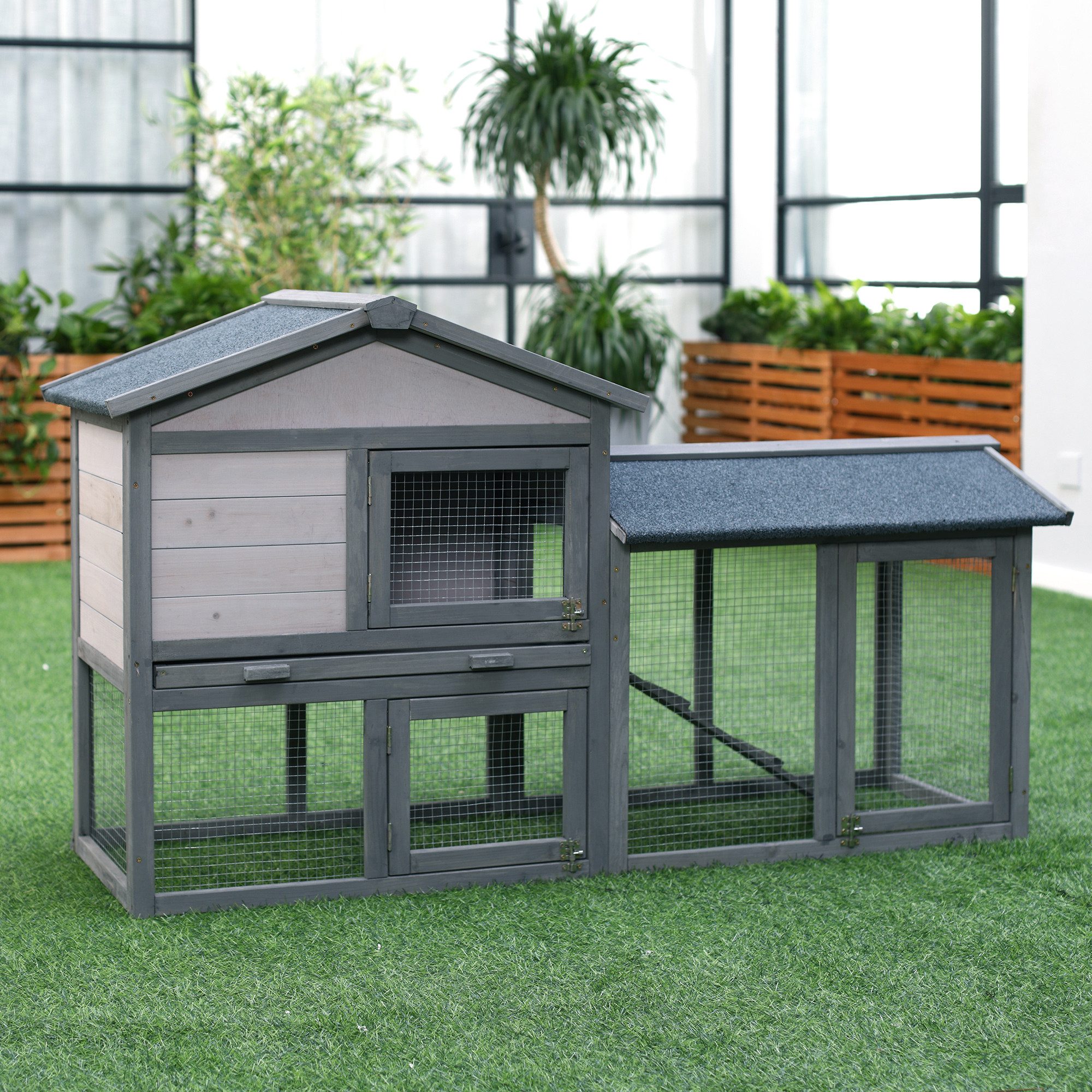 PawHut Kleintierstall mit Freilauf für Zwergkaninchen und Zwerghühner, Meerschweinchenstall 147 x 54 x 84 cm, grau, robust und geräumig   Aosom.de von PawHut