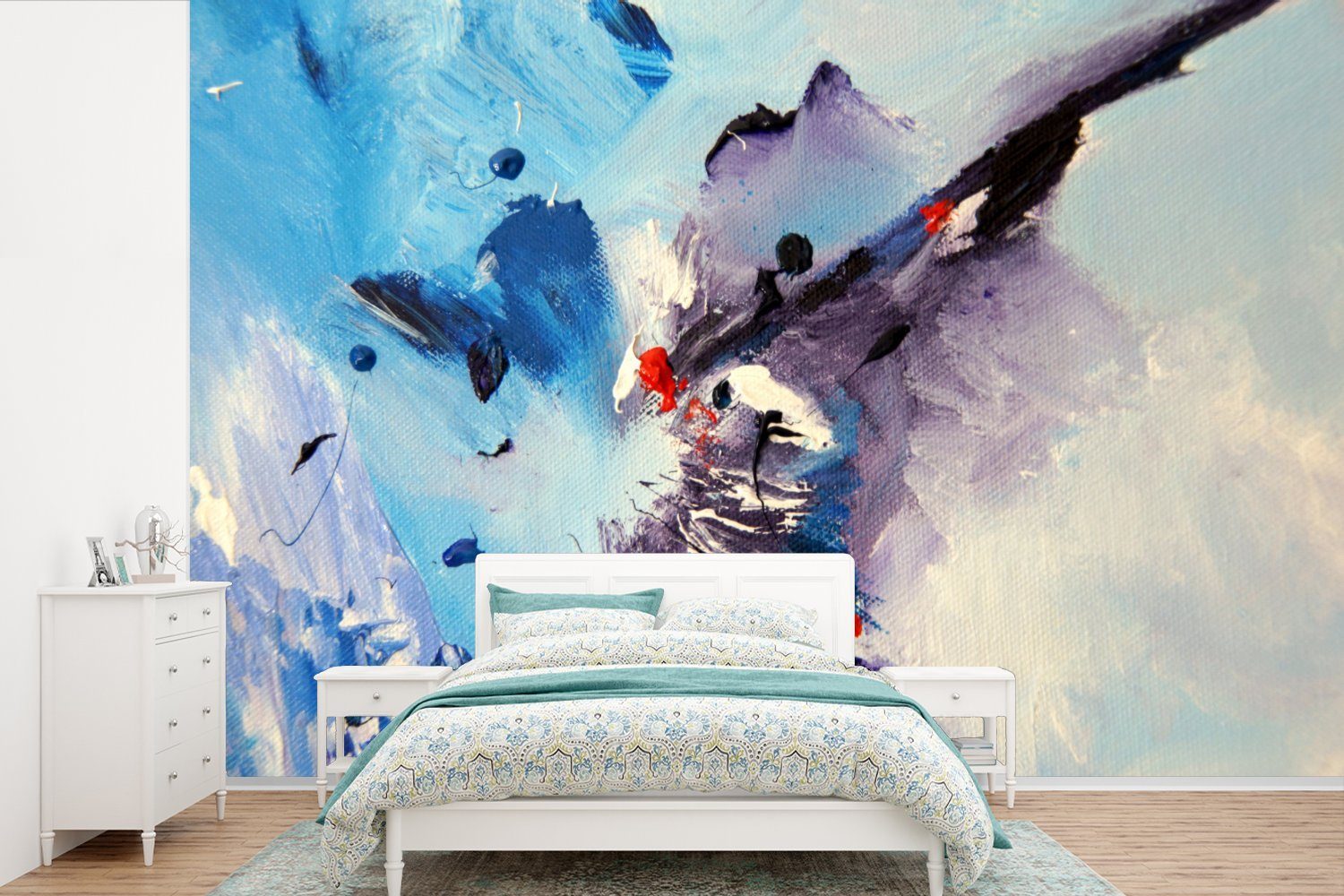 MuchoWow Fototapete Schwarze und blaue Streifen auf einem Gemälde, Matt, bedruckt, (6 St), Wallpaper für Wohnzimmer, Schlafzimmer, Kinderzimmer, Vinyl Tapete
