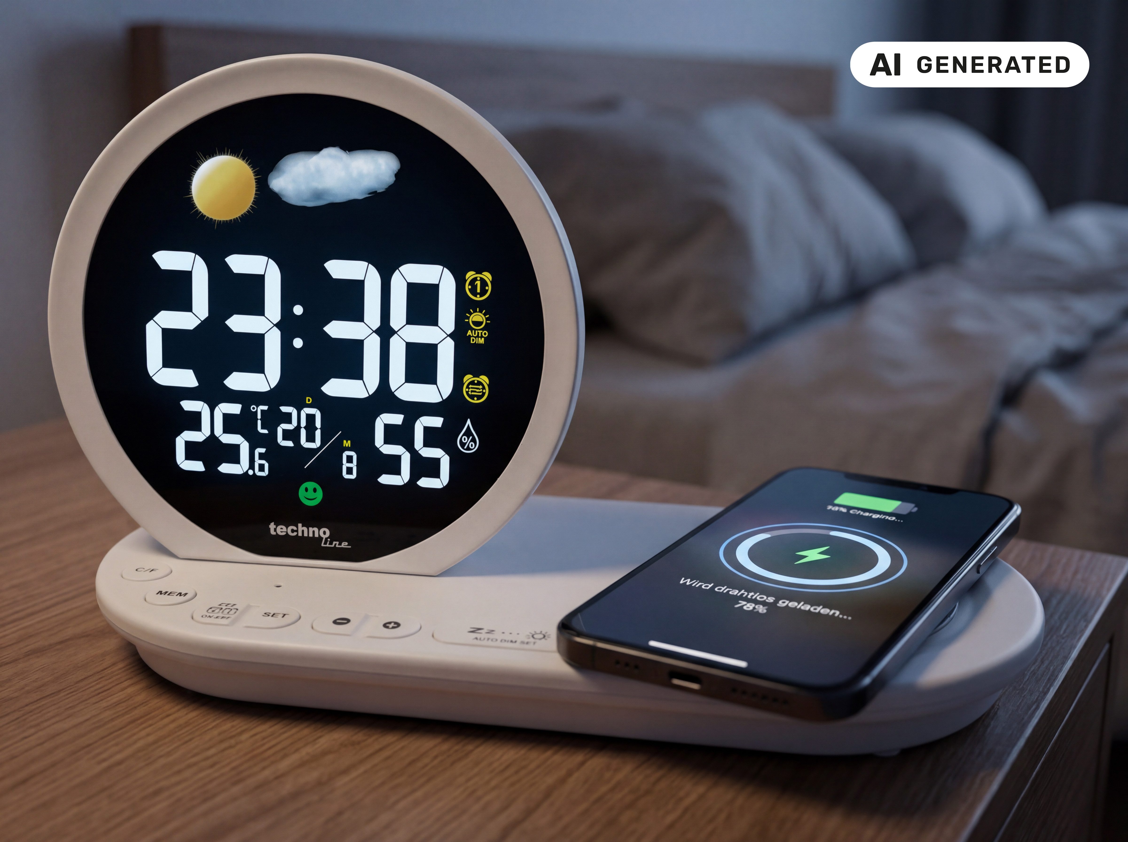 technoline Wecker WT 427 Qi Wireless Charger & USB-Laden, Wettervorhersage, 2 Alarme, Dimmbar