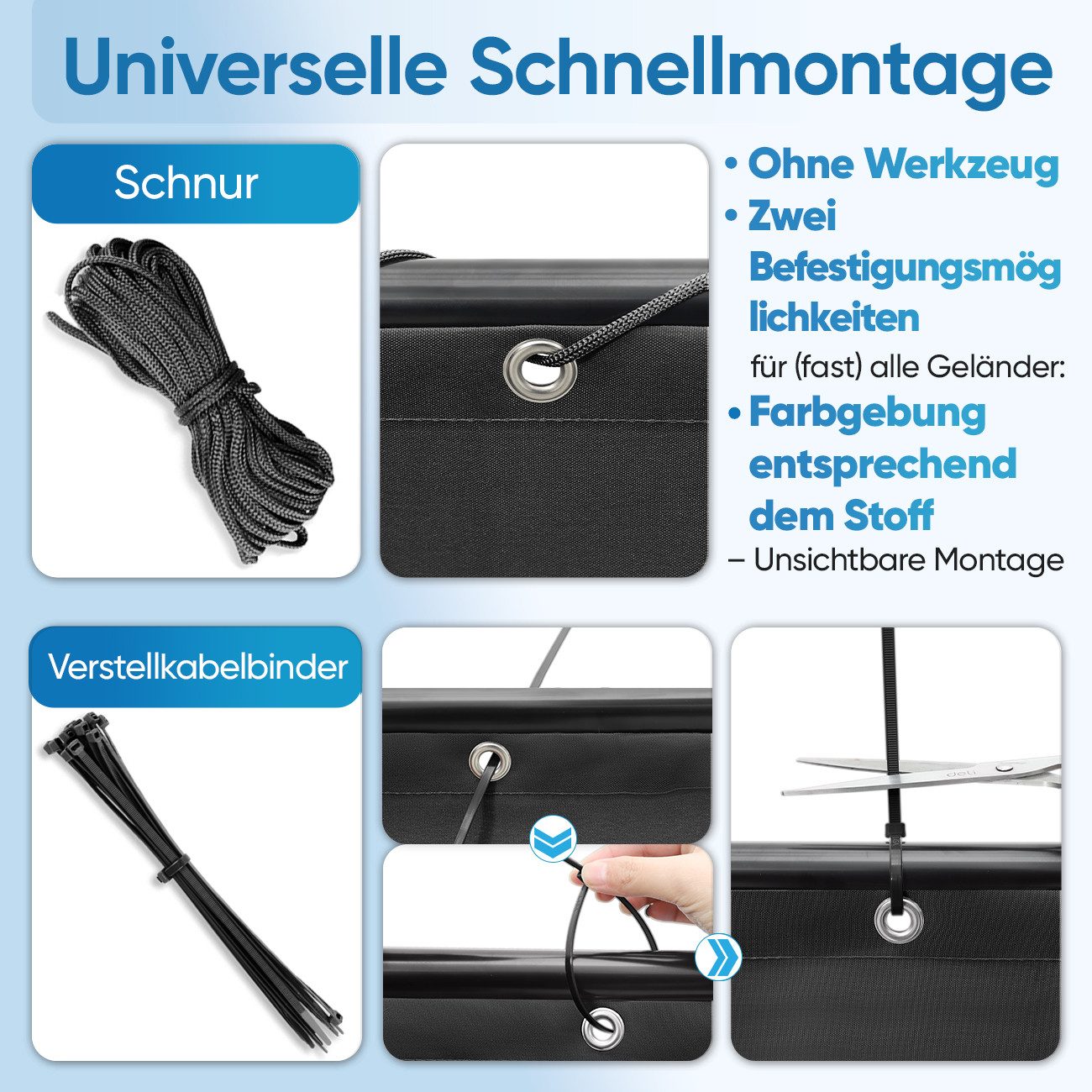 Sekey Balkonsichtschutz Balkon Sichtschutz PES Balkon Deko mit Metalösen, Kabelbinder und Seil 100% Blickdicht, Windschutz für Balkon, Terrasse und Garten, Schw – Bild 4 von 5