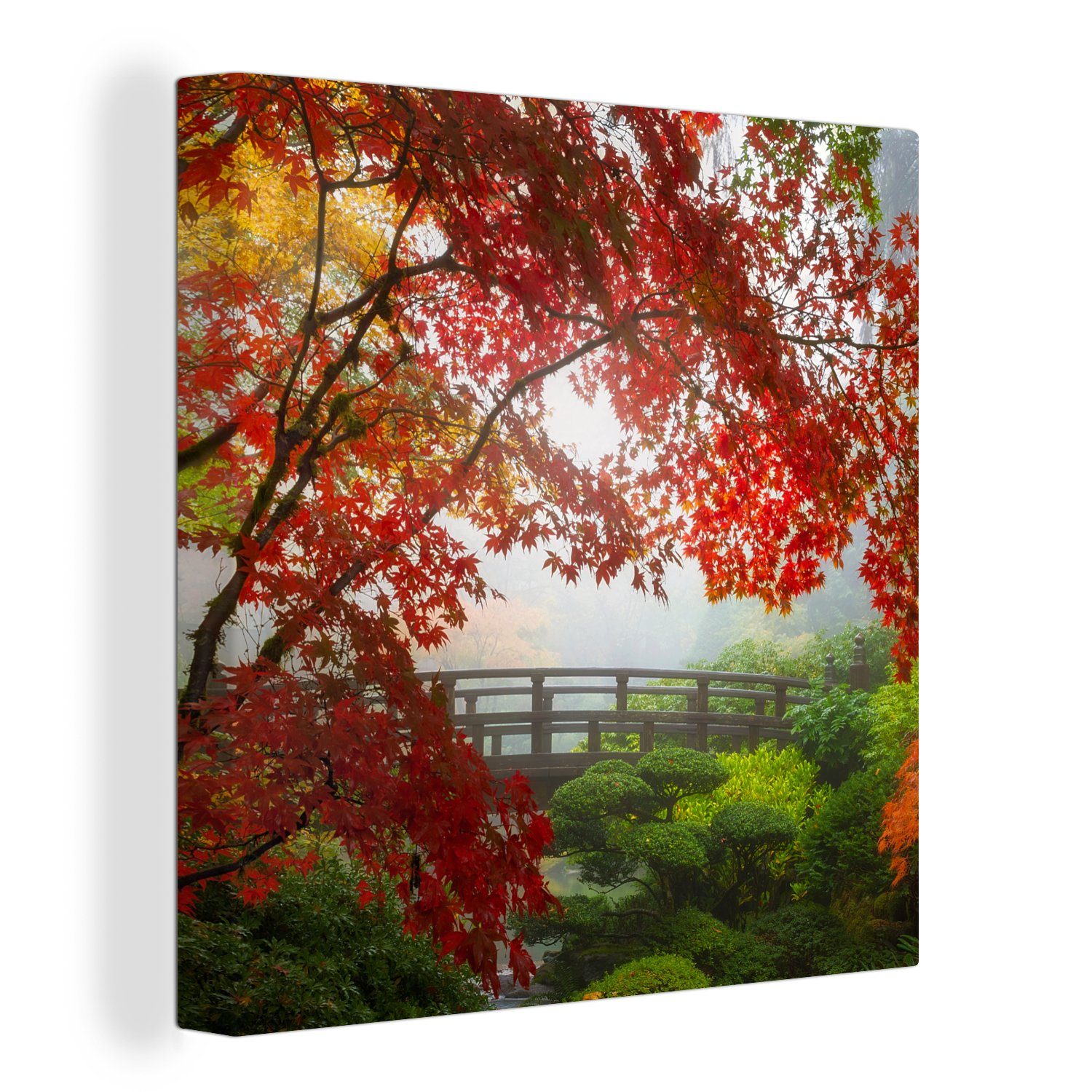 OneMillionCanvasses® Leinwandbild Japanischer Ahorn - Bäume - Brücke - Natur - Japanisch, Fotodruck (1 St), Wandbild, Deko Schlafzimmer Wohnzimmer Flur 20x20 cm