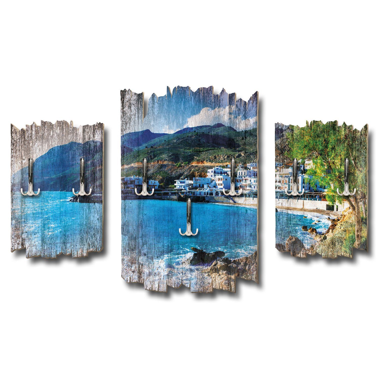 Kreative Feder Wandgarderobe Fischerdorf Kreta, Dreiteilige Wandgarderobe aus Holz