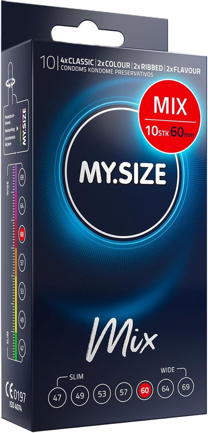 MY.SIZE Kondome Mix, gemischte Kondome in individueller Passform, blaue, rote mit Erdbeeraroma, gerippt, classic