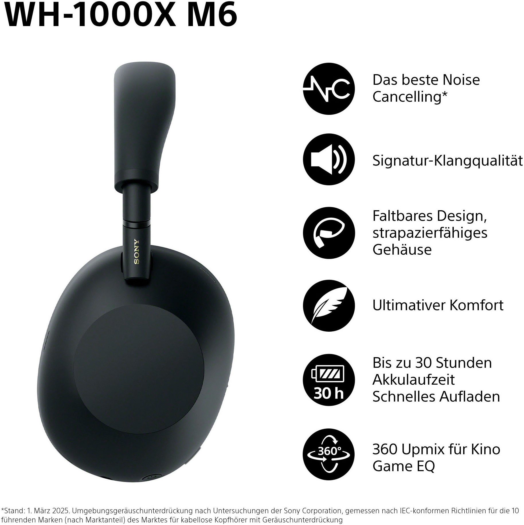 Sony WH-1000XM6 Premium Noise Cancelling Wireless Over-Ear-Kopfhörer (Freisprechfunktion, Multi-Point-Verbindung, Noise-Cancelling, Transparenzmodus, Wireless-Audio-Streaming, integrierte Steuerung für Anrufe und Musik, A2DP Bluetooth, Bluetooth, HFP, HSP, AVRCP Bluetooth, Kabellose Over Ear Kopfhörer mit Sony’s bestem Noise Cancelling)